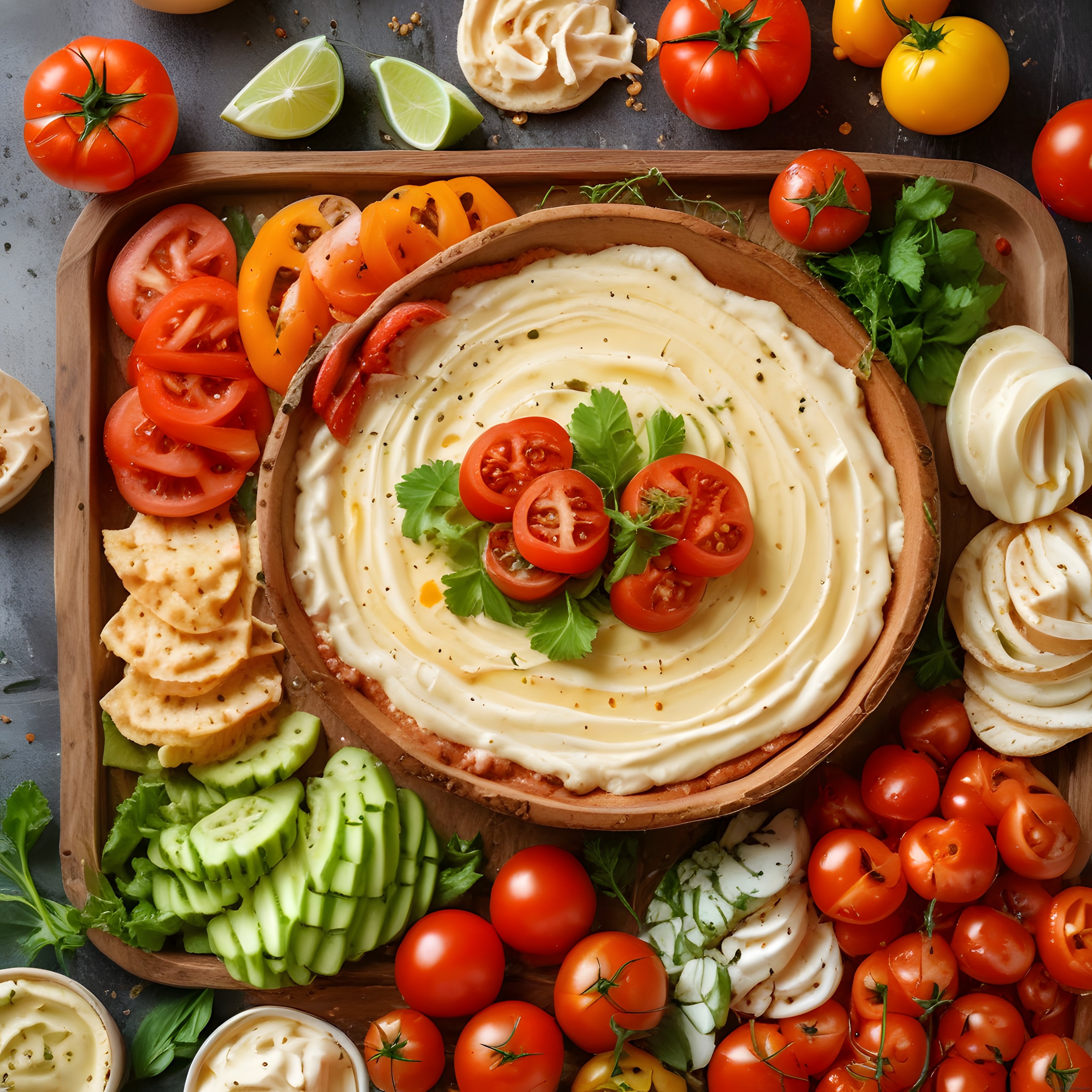 Taze Domates, Salatalık ve Kıtır Ekmekle Süslenmiş Kremalı Meze Tabağı
