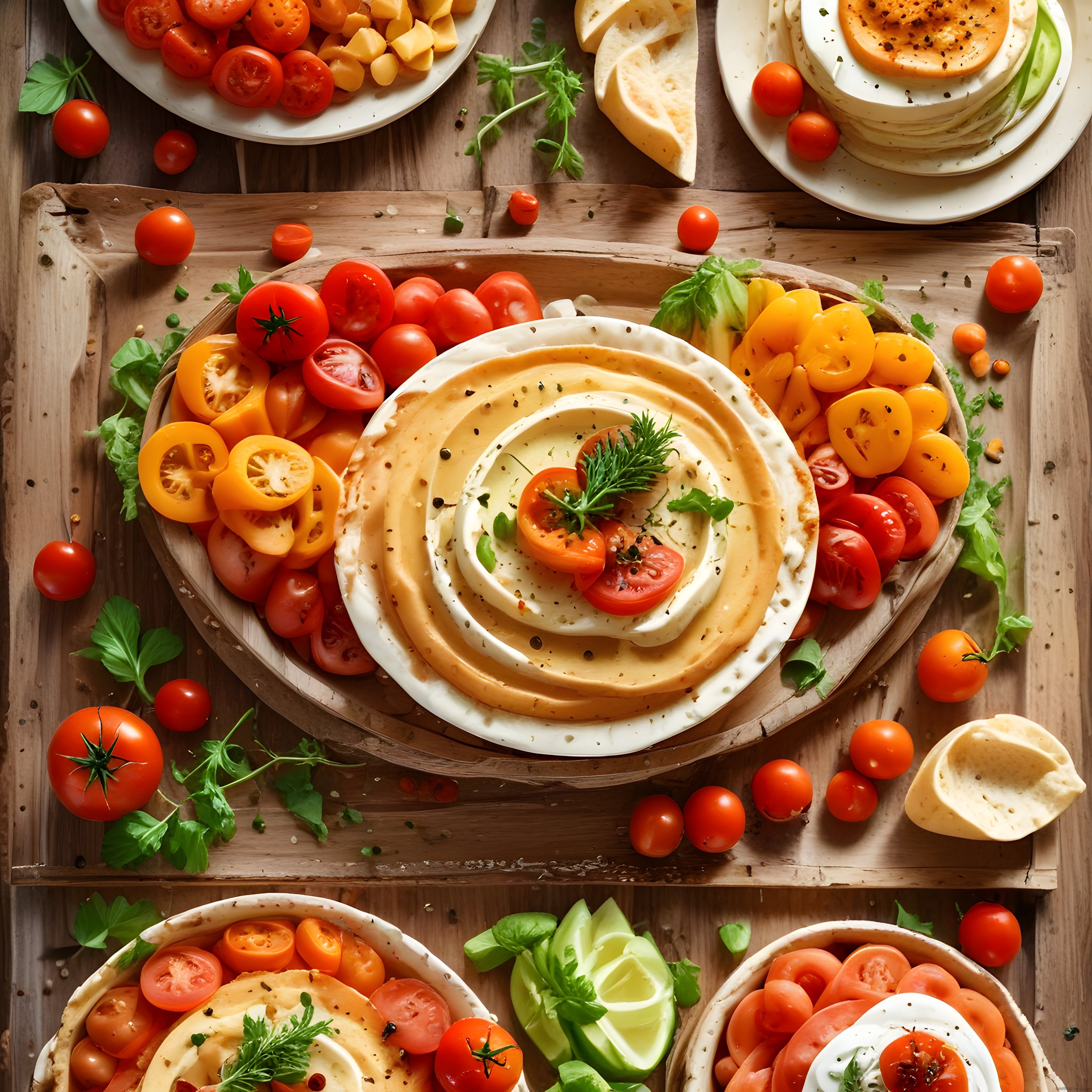Taze Domates ve Baharatlarla Süslenmiş Humus Meze Tabağı