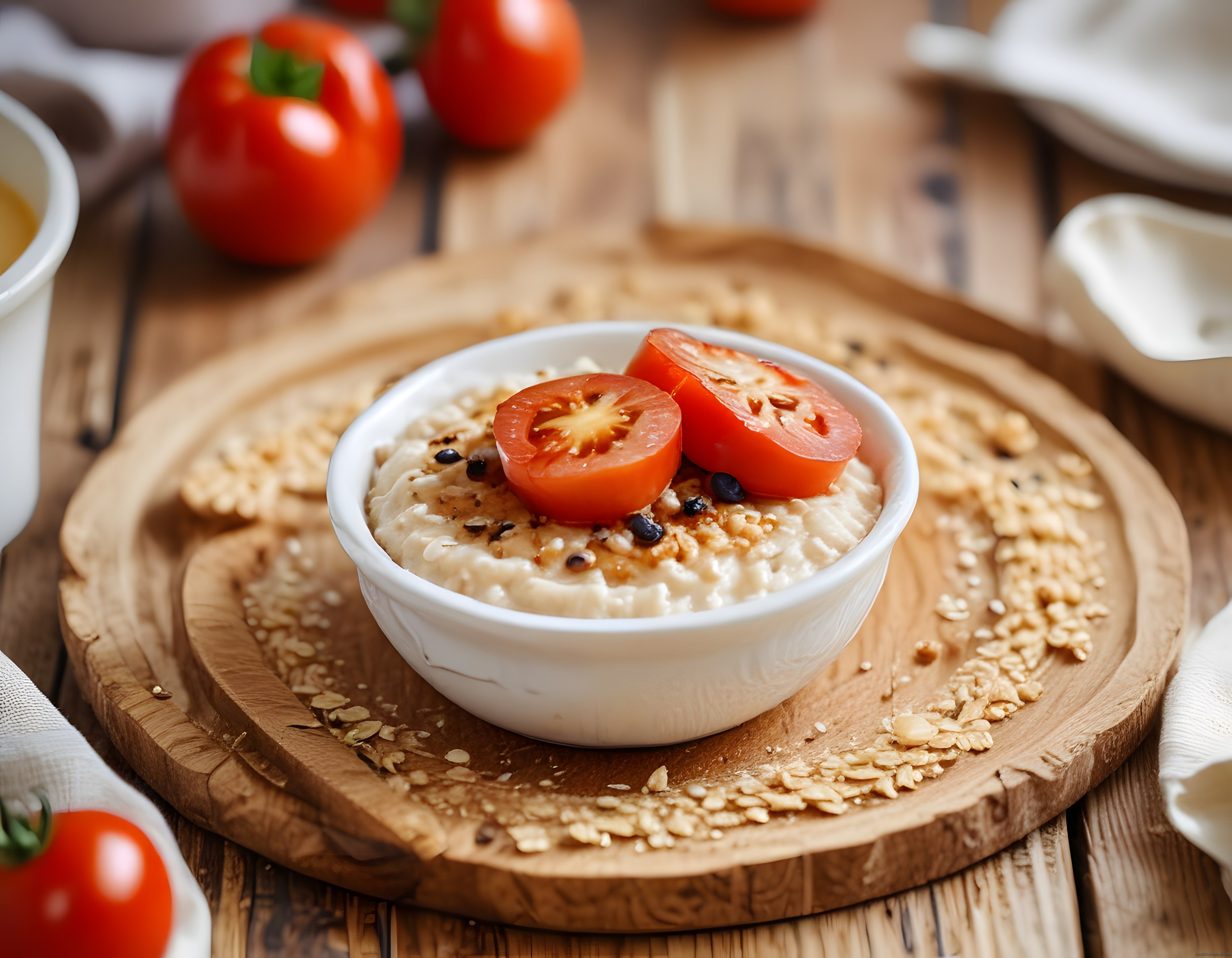 Taze Domates ve Baharatlarla Süslenmiş Kahvaltılık Meze Kasesi ve Rustik Sunum