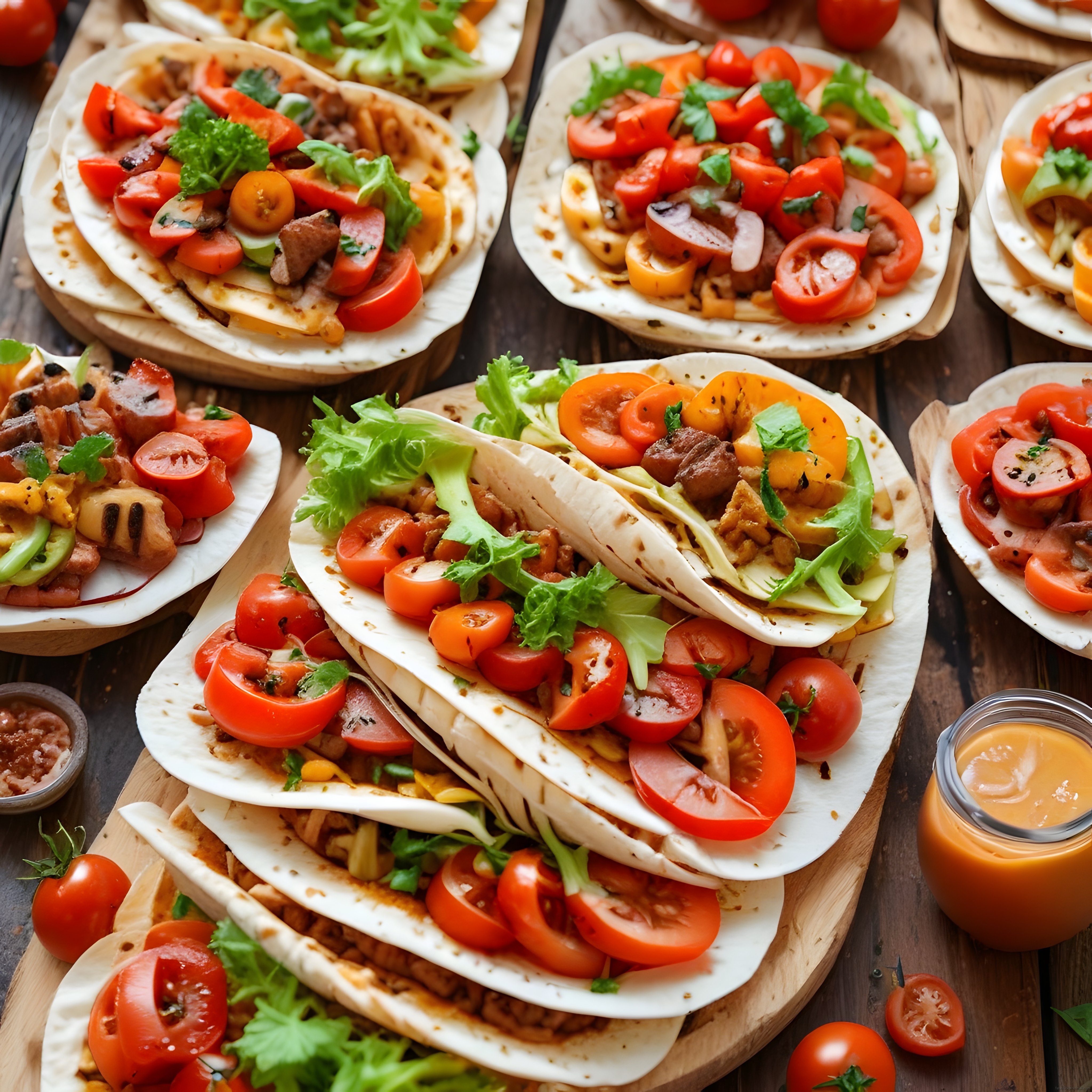 Taze Domates ve Baharatlı Et ile Servis Edilen Renkli Meksika Tacos Sunumu