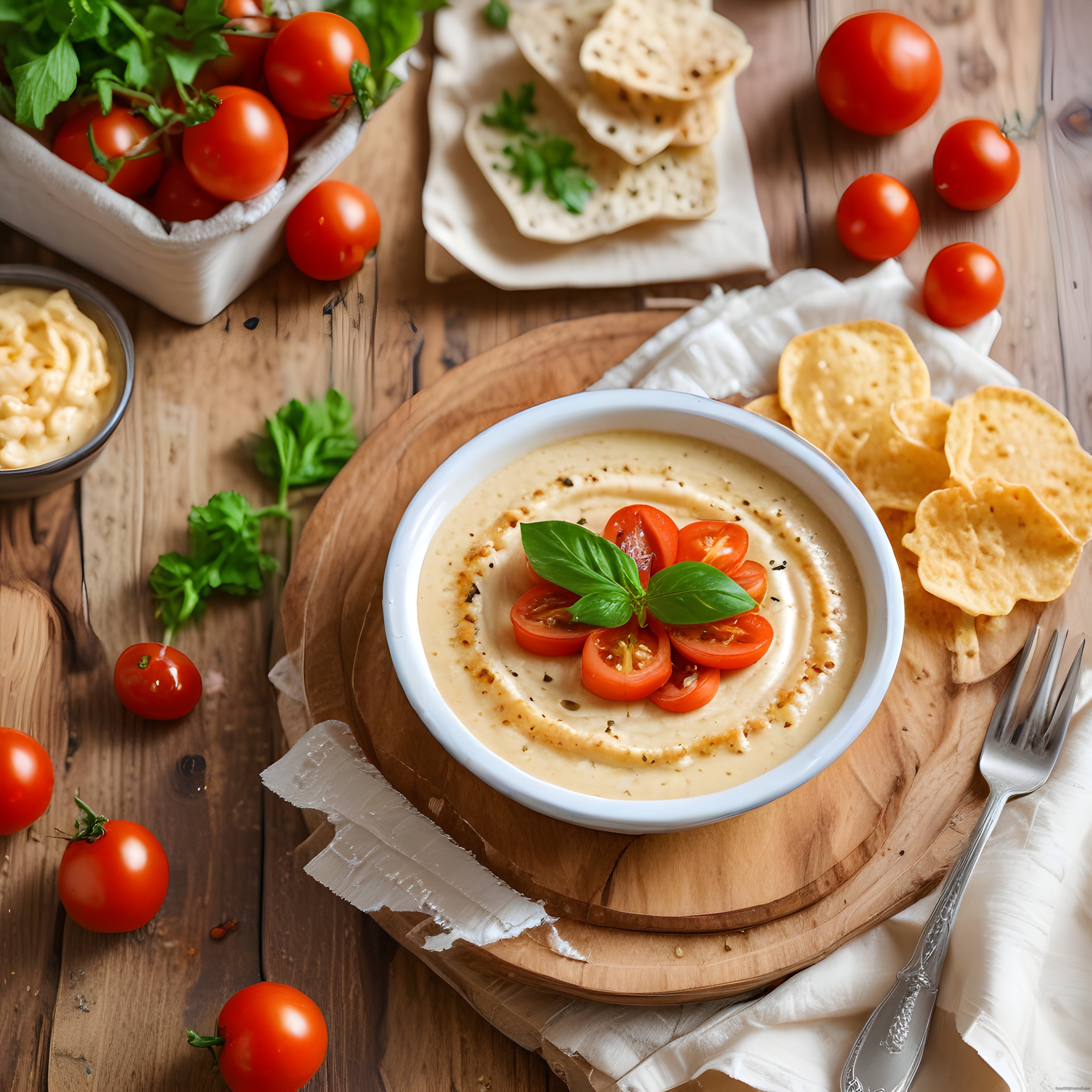 Taze Domates ve Fesleğenle Süslenmiş Ev Yapımı Humus Tarifi ve Sunum
