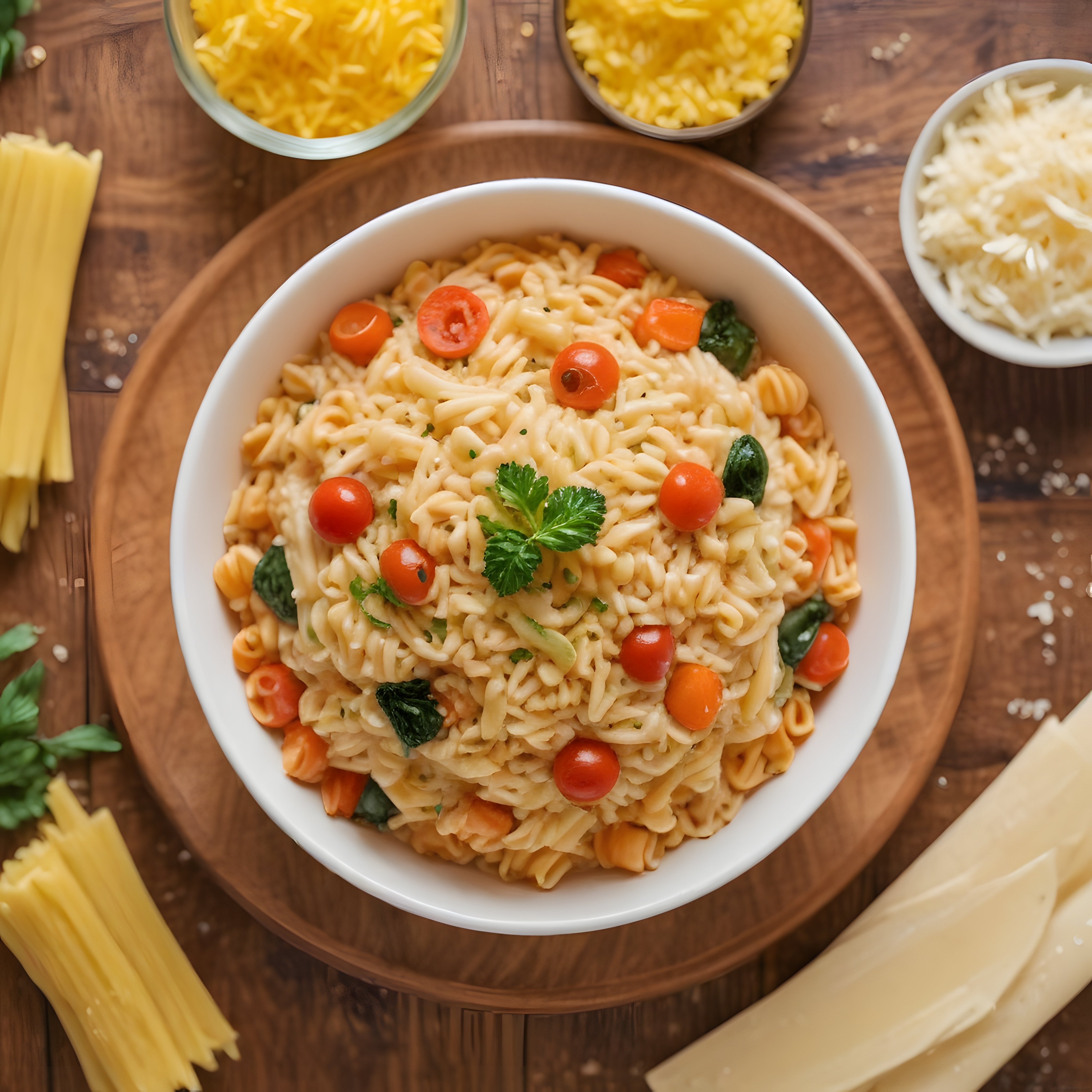 taze domates ve ıspanaklı kremalı orzo makarna rustik tahta sunumda