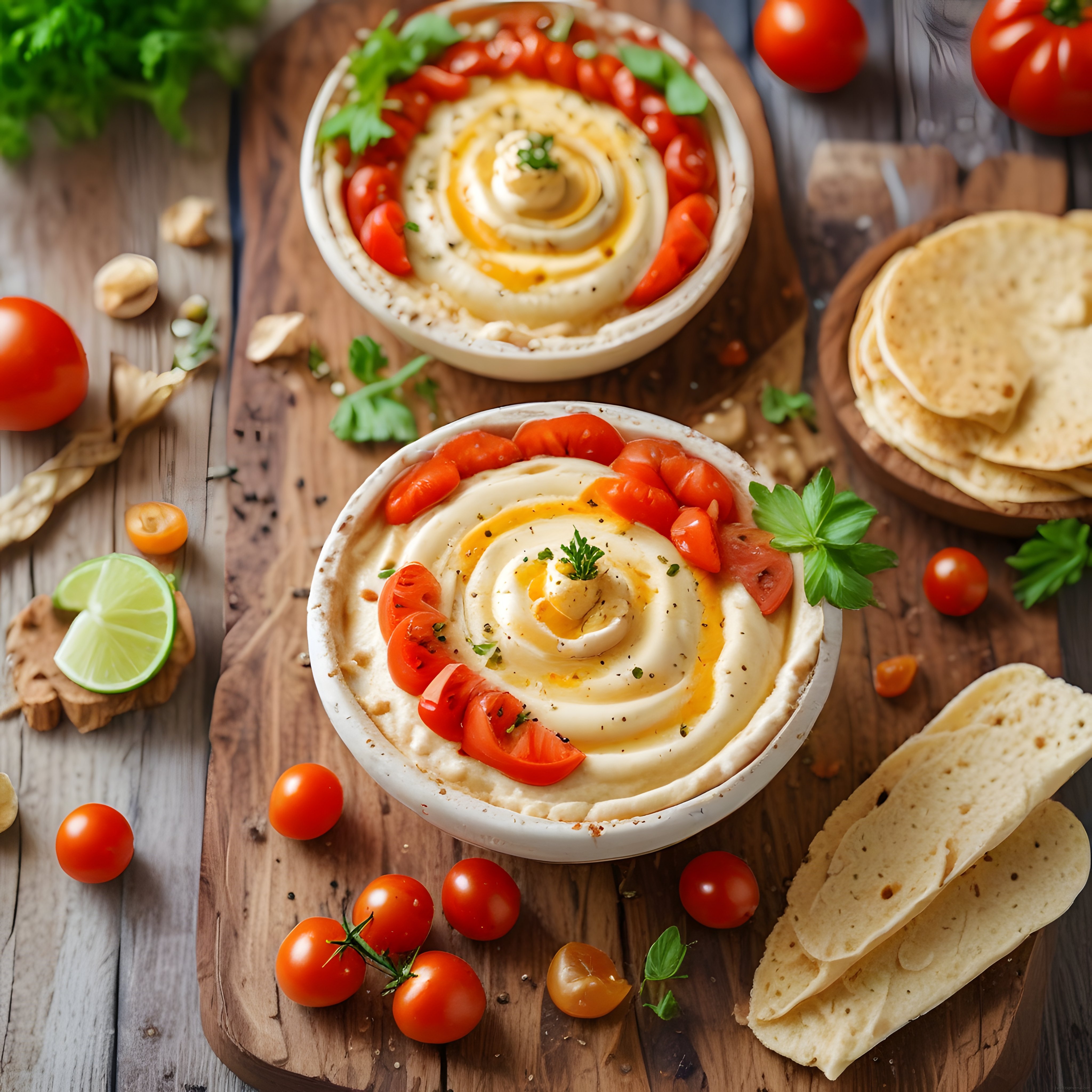 Taze Domates ve Maydanoz ile Süslenmiş Humus Kasesi ve Cips Sunumu