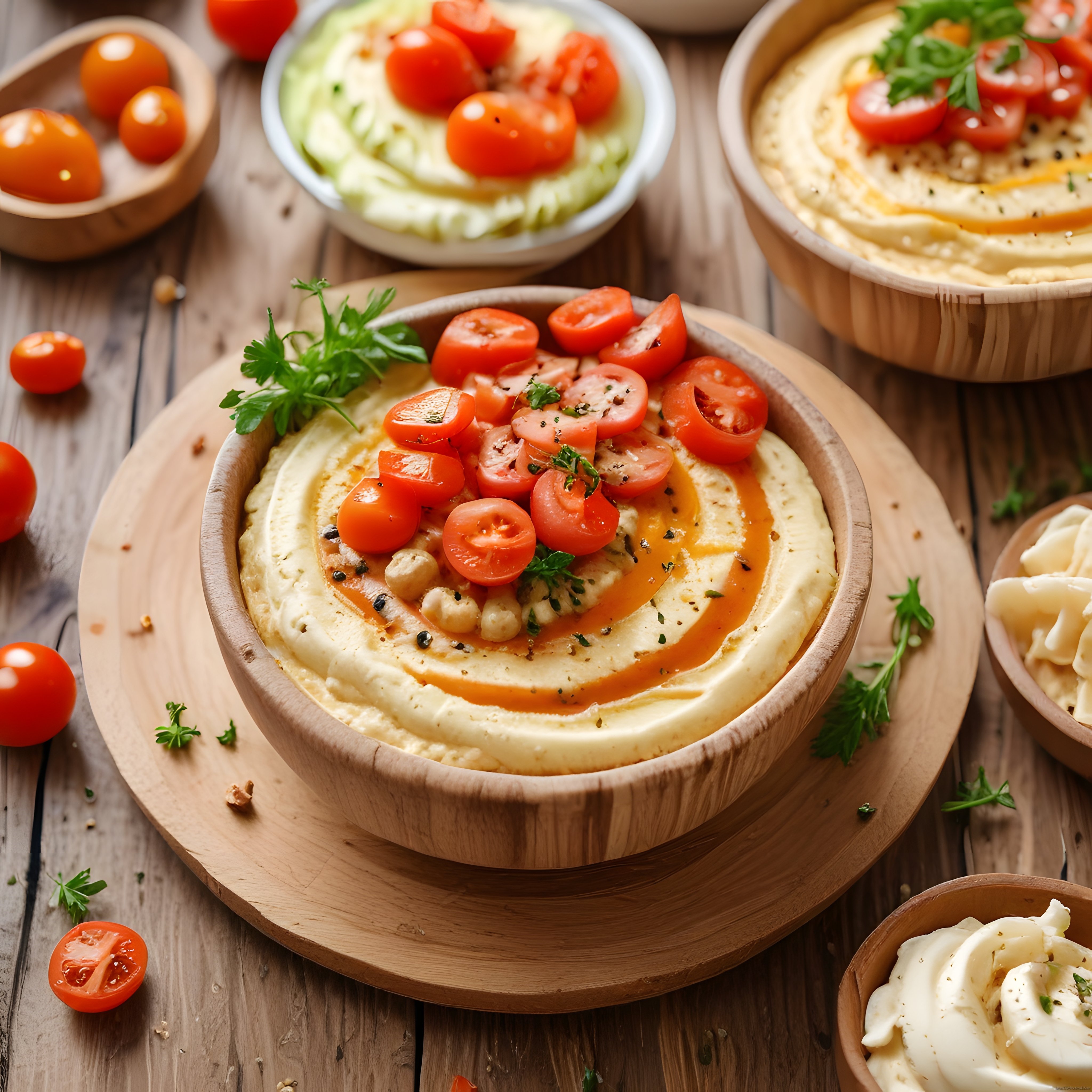 Taze Domates ve Maydanoz ile Süslenmiş Kremalı Humus Kasesi ve Meze Sunumu