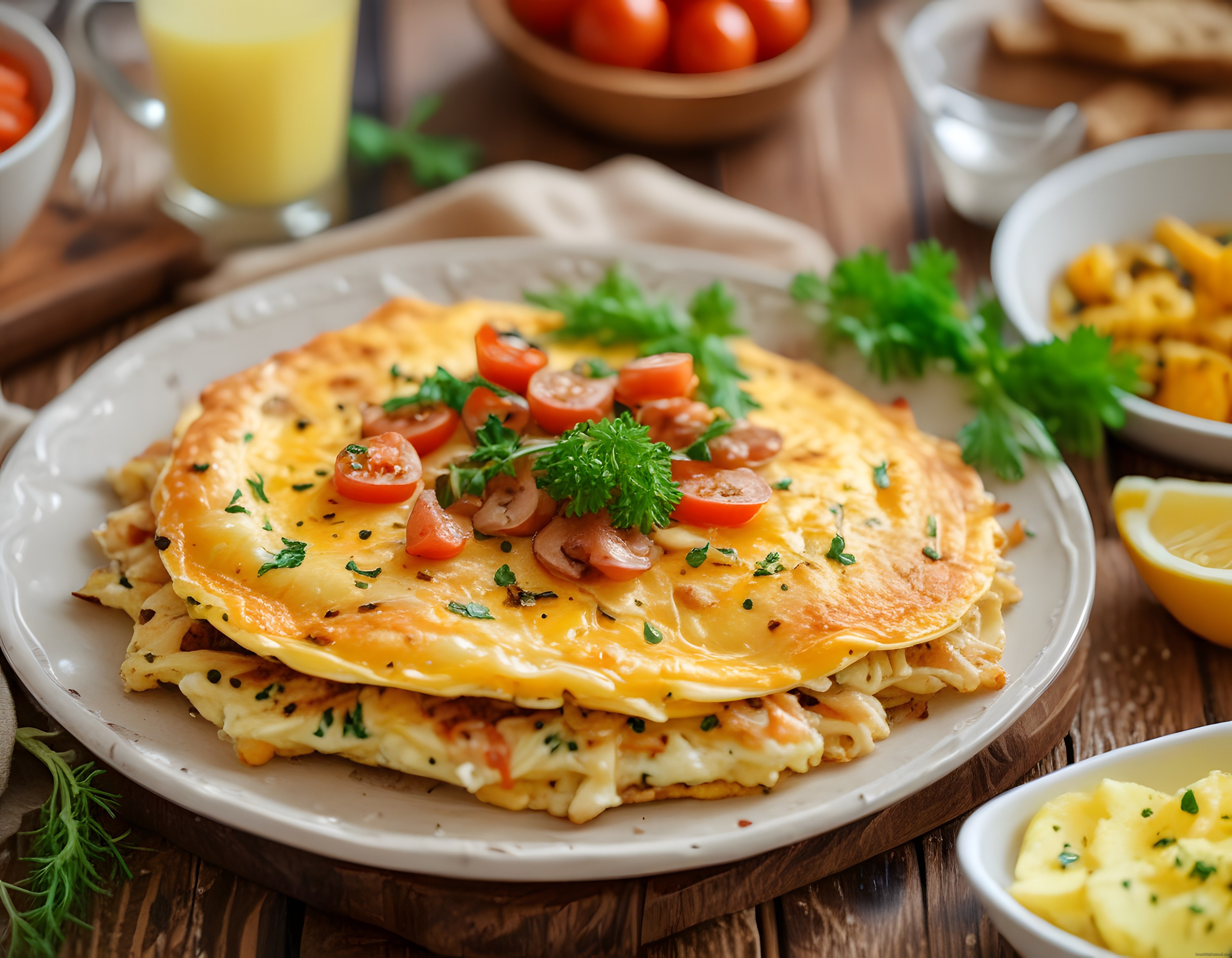 taze domates ve maydanozla süslenmiş altın sarısı peynirli omlet kahvaltı masası