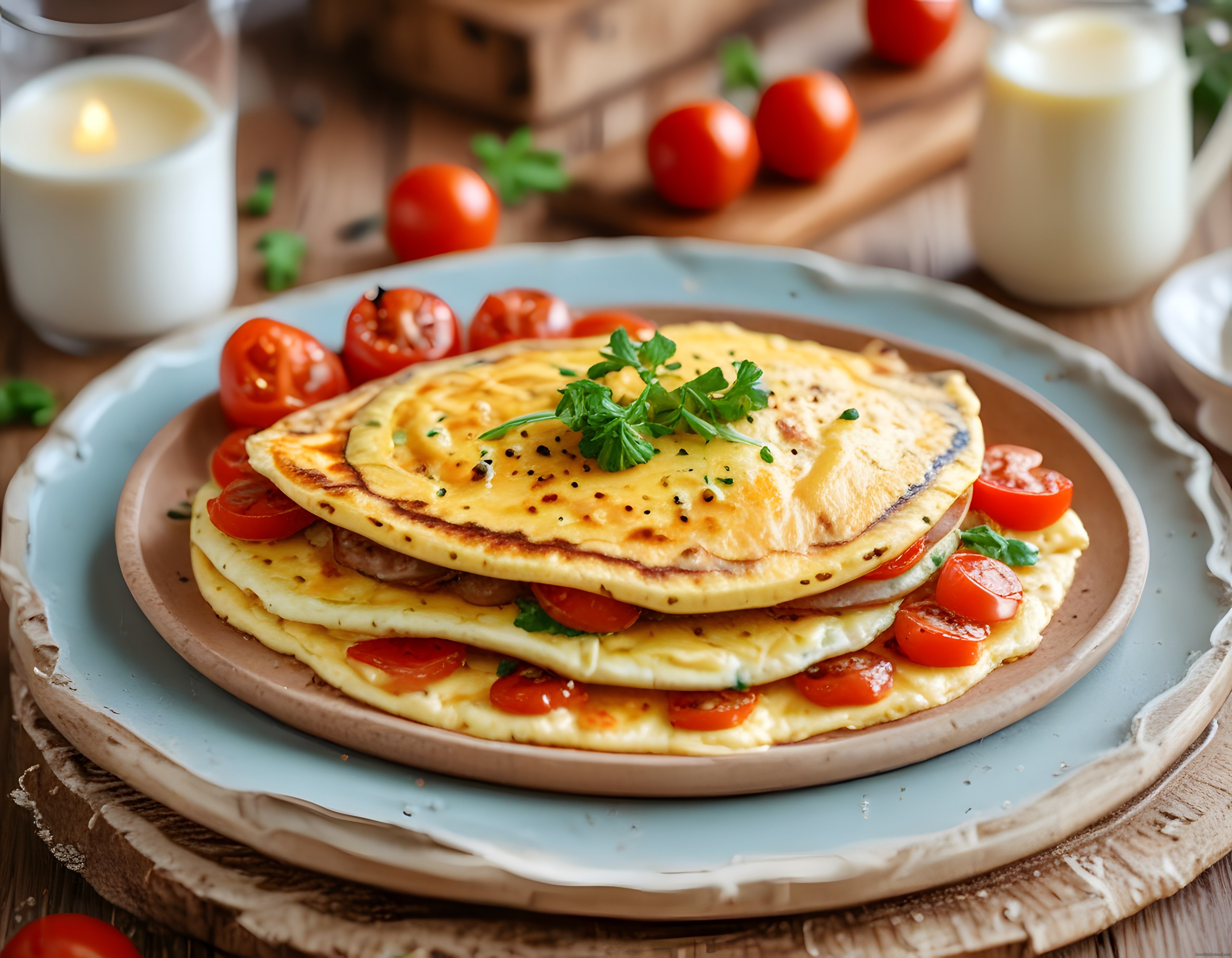 taze domates ve maydanozla süslenmiş sıcak omlet kahvaltı tabağı