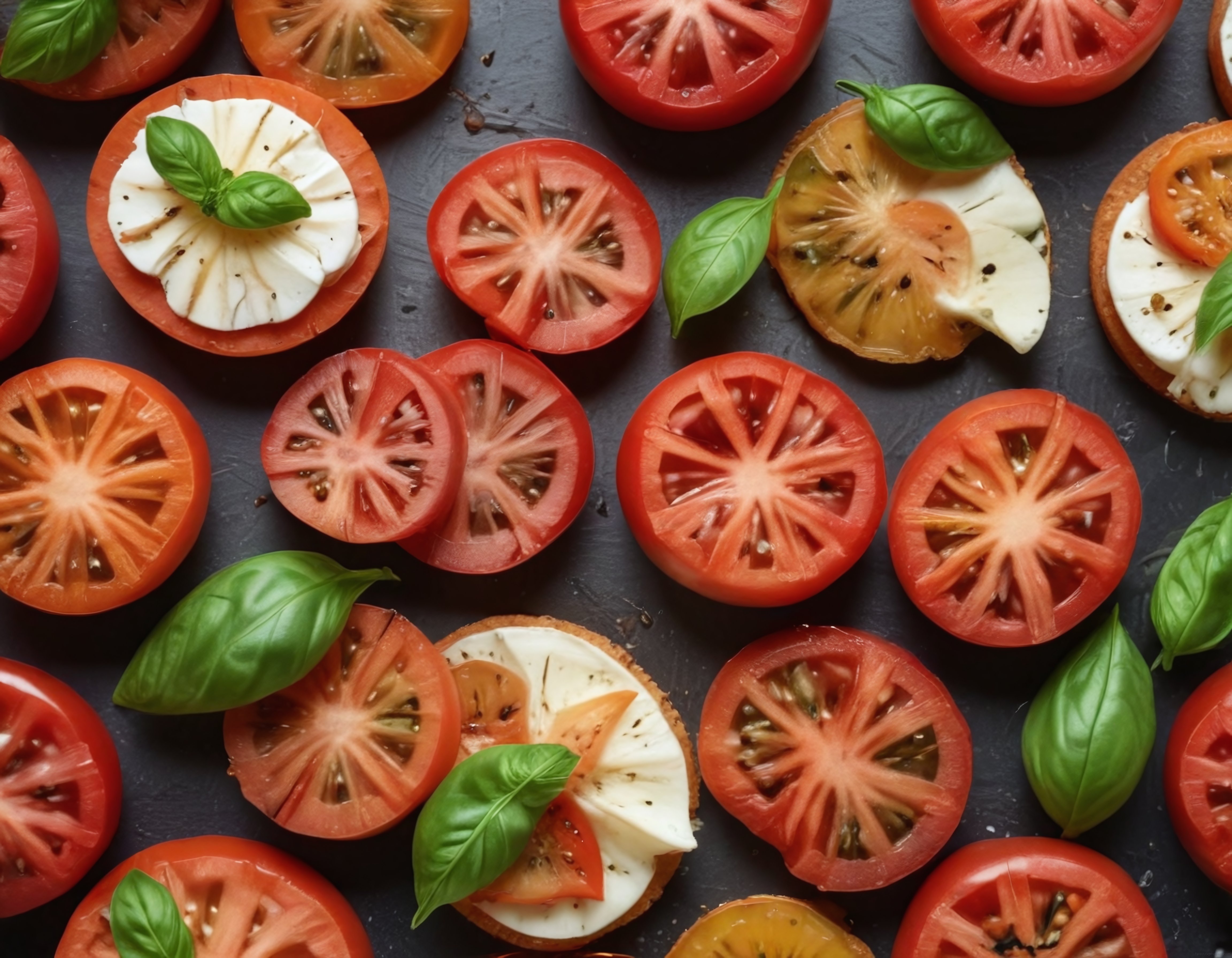Taze domates ve mozzarella ile renkli İtalyan bruschetta tabağı