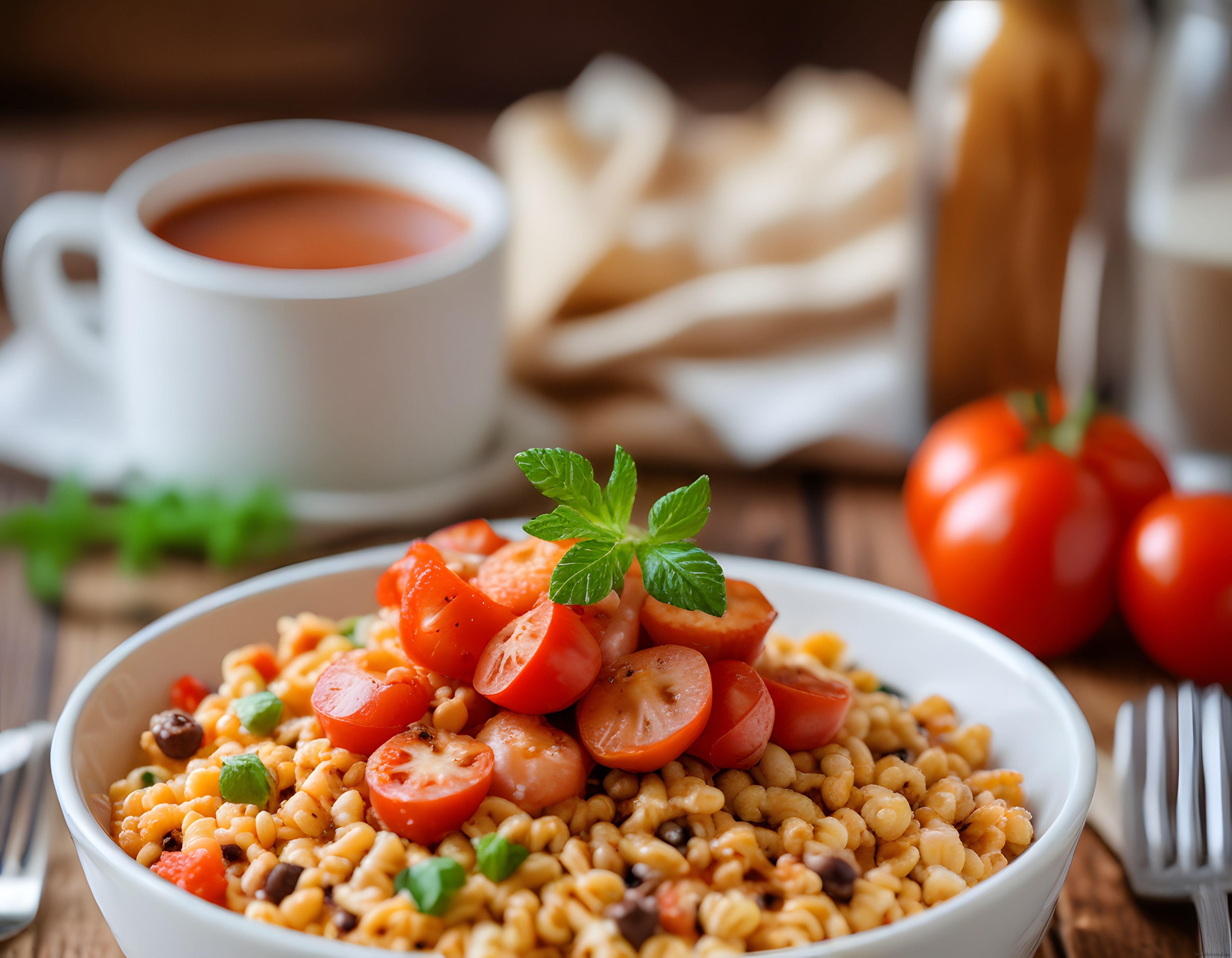 taze domates ve nane ile süslenmiş bulgur pilavı yanında domates çorbası sunumu
