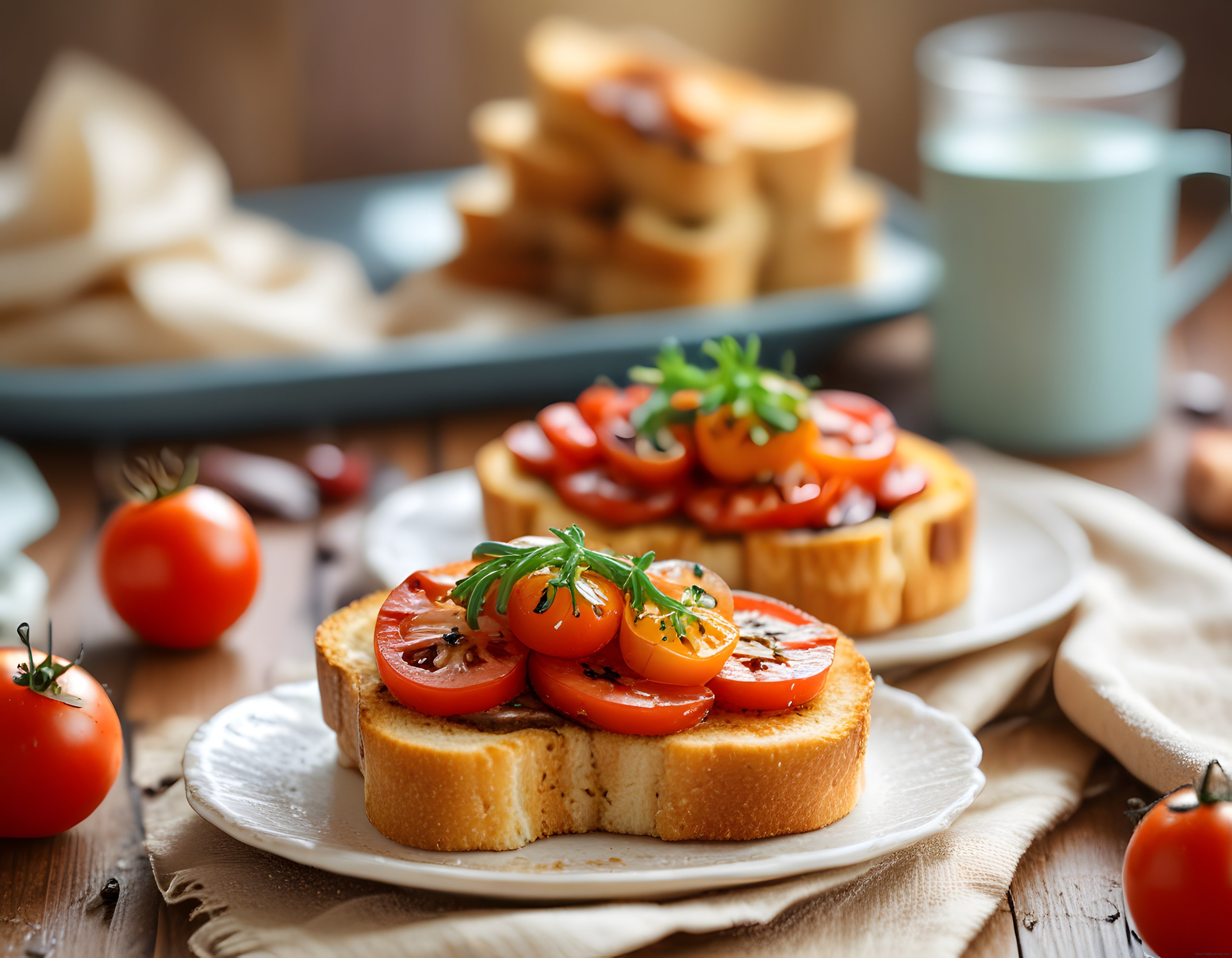 Taze domates ve roka ile süslenmiş ev yapımı bruschetta kahvaltı masasında