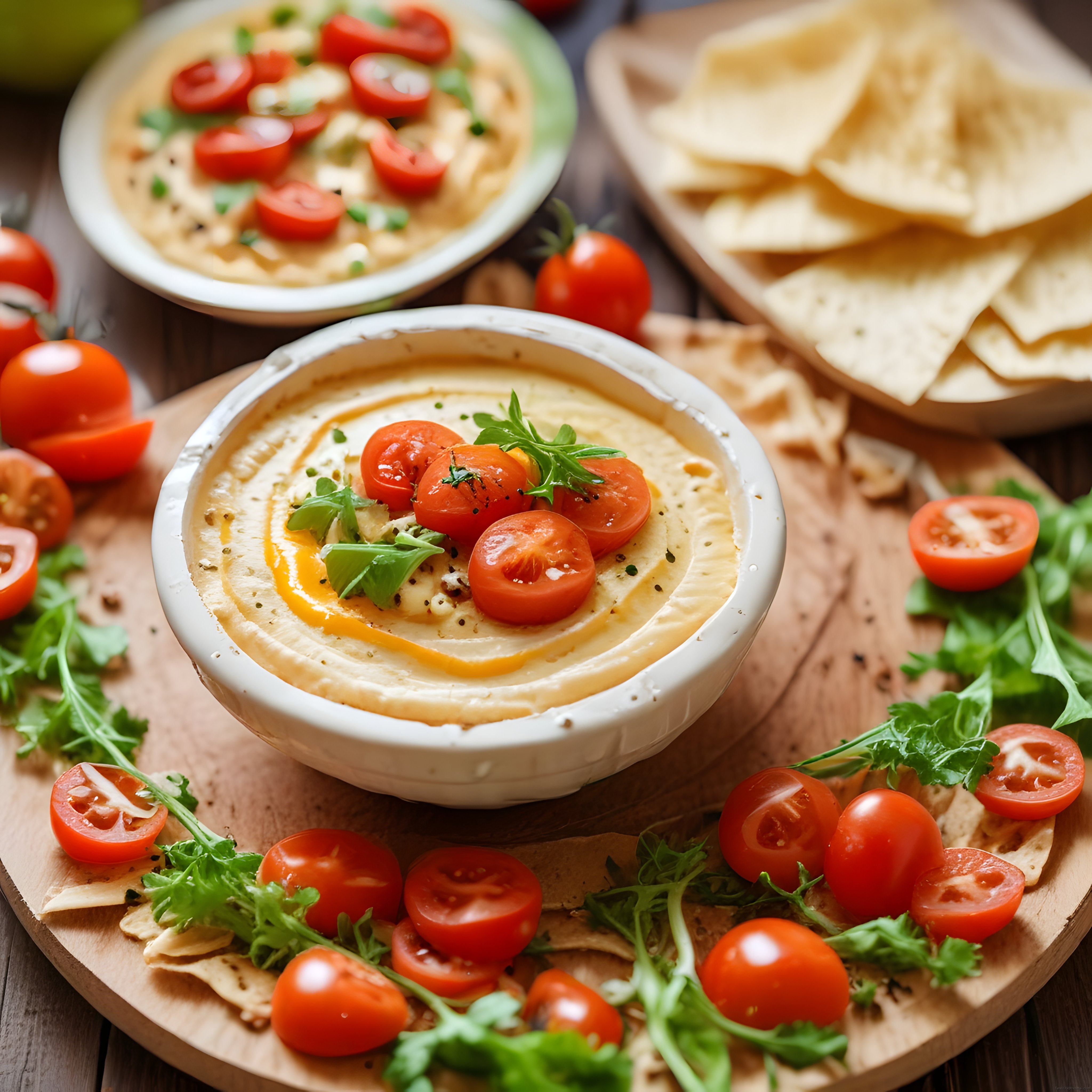 Taze Domates ve Roka ile Süslenmiş Krem Humus Sunumu ve Lavaş Eşliğinde