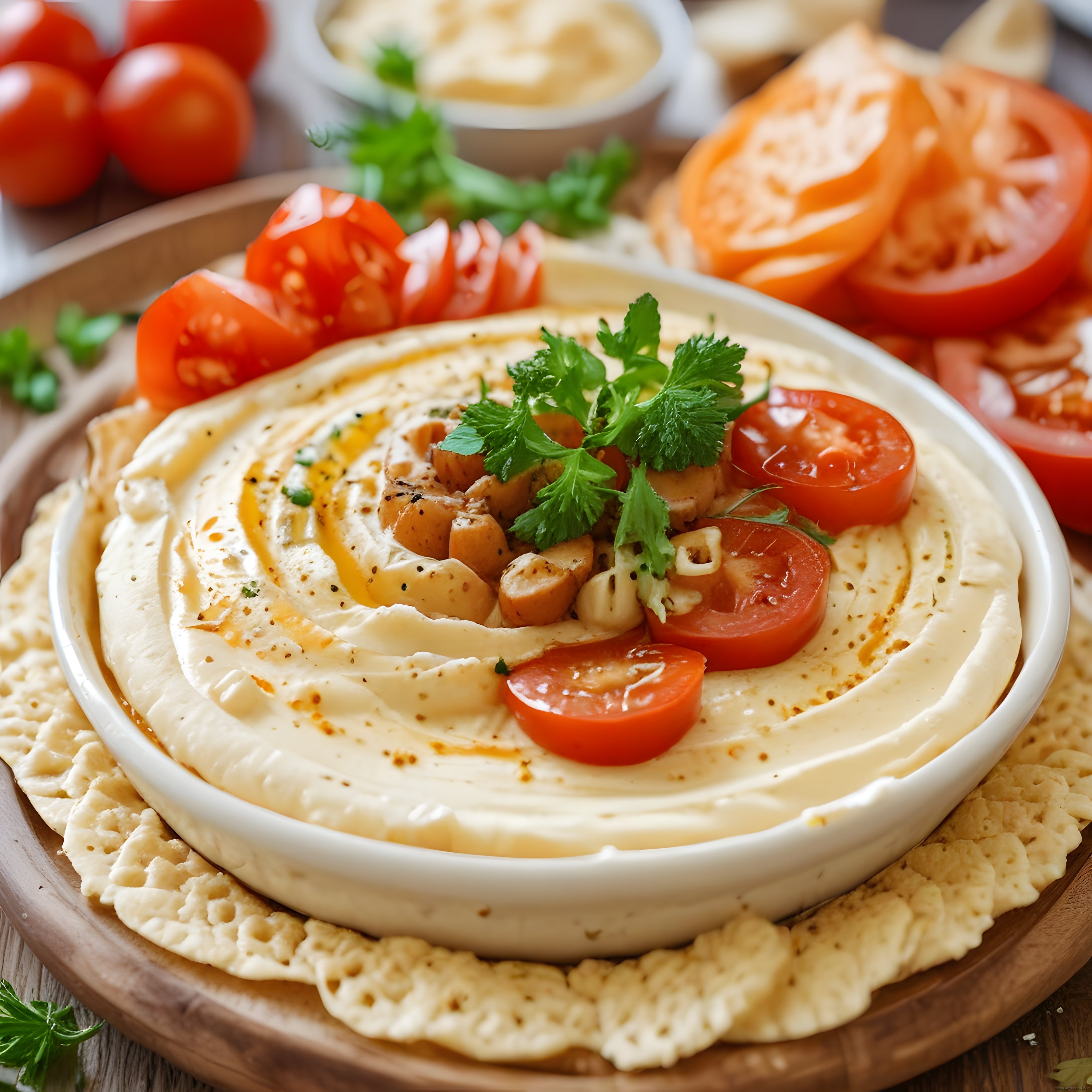 Taze domates ve tavuk parçacıklarıyla süslenmiş kremamsı humus meze tarifi