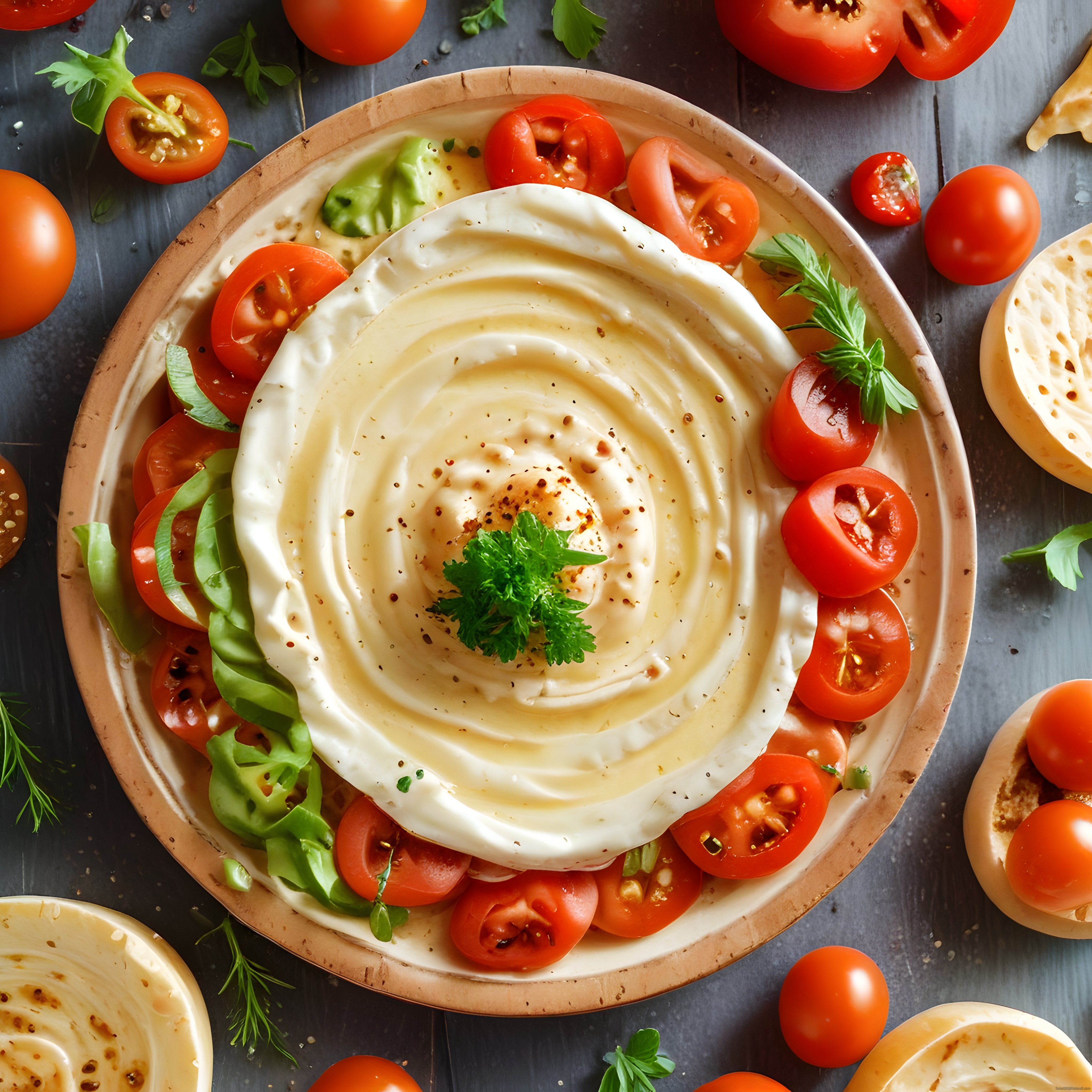Taze Domates ve Yeşil Biber ile Süslenmiş Zeytinyağlı Humus Tabağı