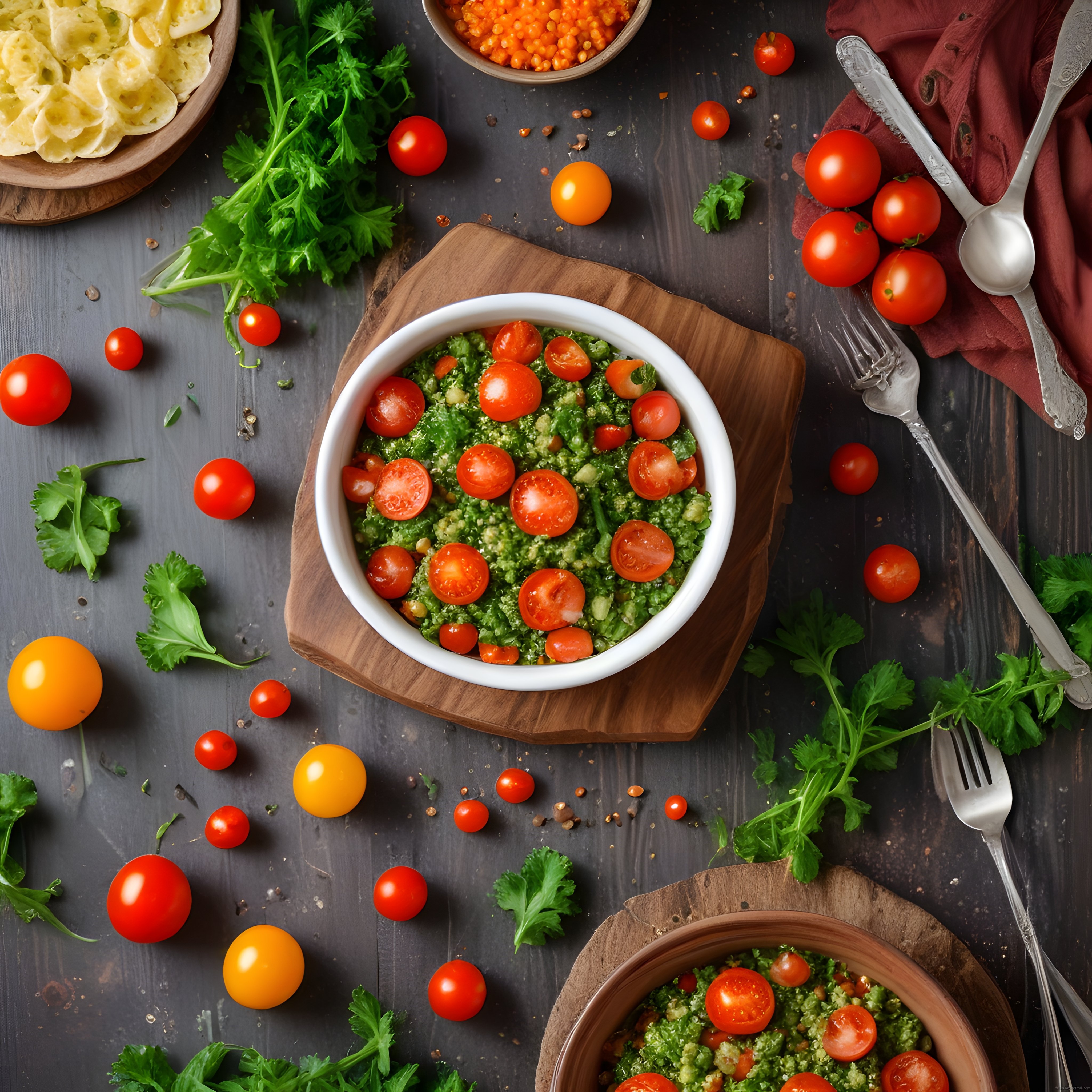 Taze Domates ve Yeşil Soslu Kase: Koyu Ahşap Üzerinde Sağlıklı Vegan Salata