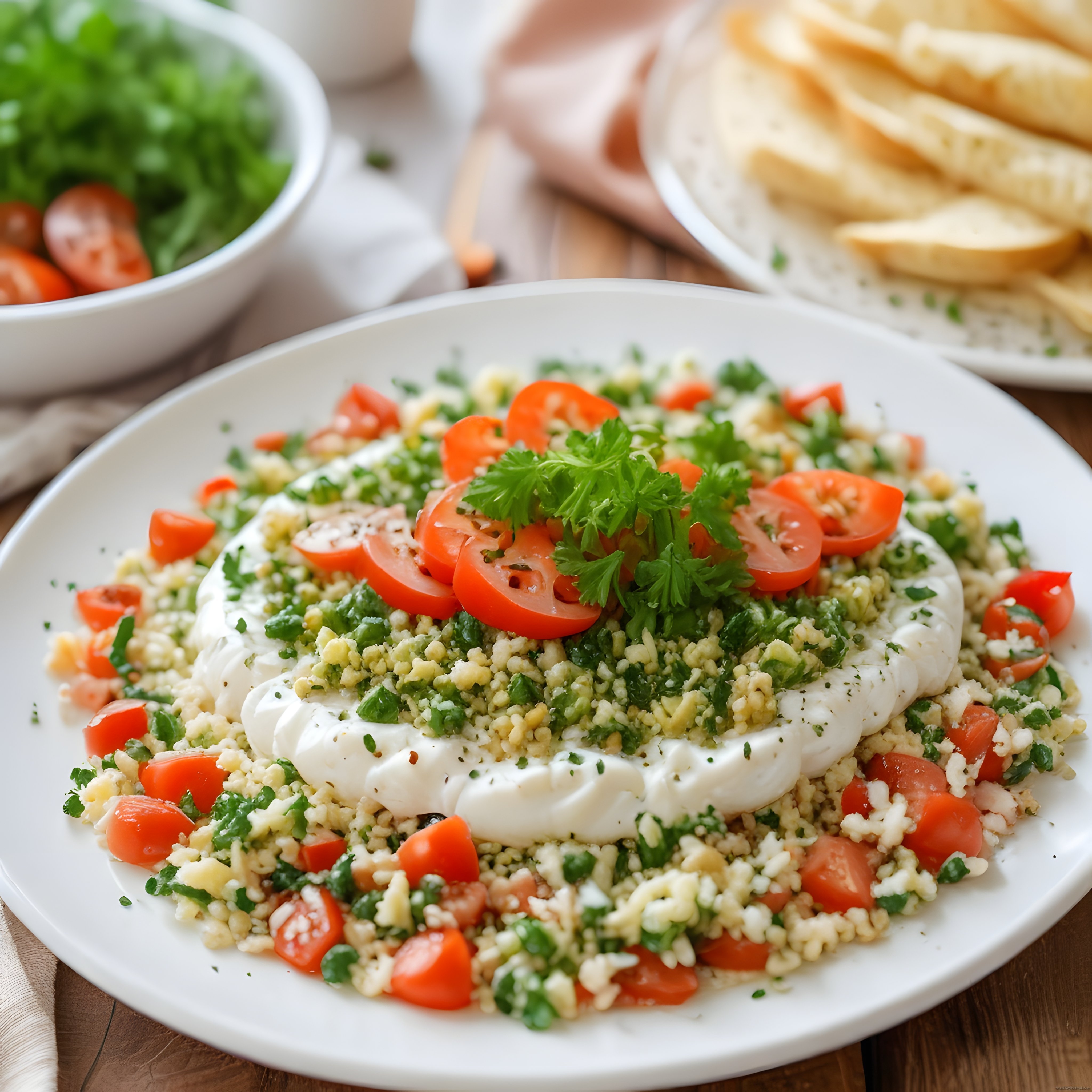 Taze Domates ve Yeşilliklerle Bezenmiş Yoğurtlu Meze Sunumu ve Ekmek