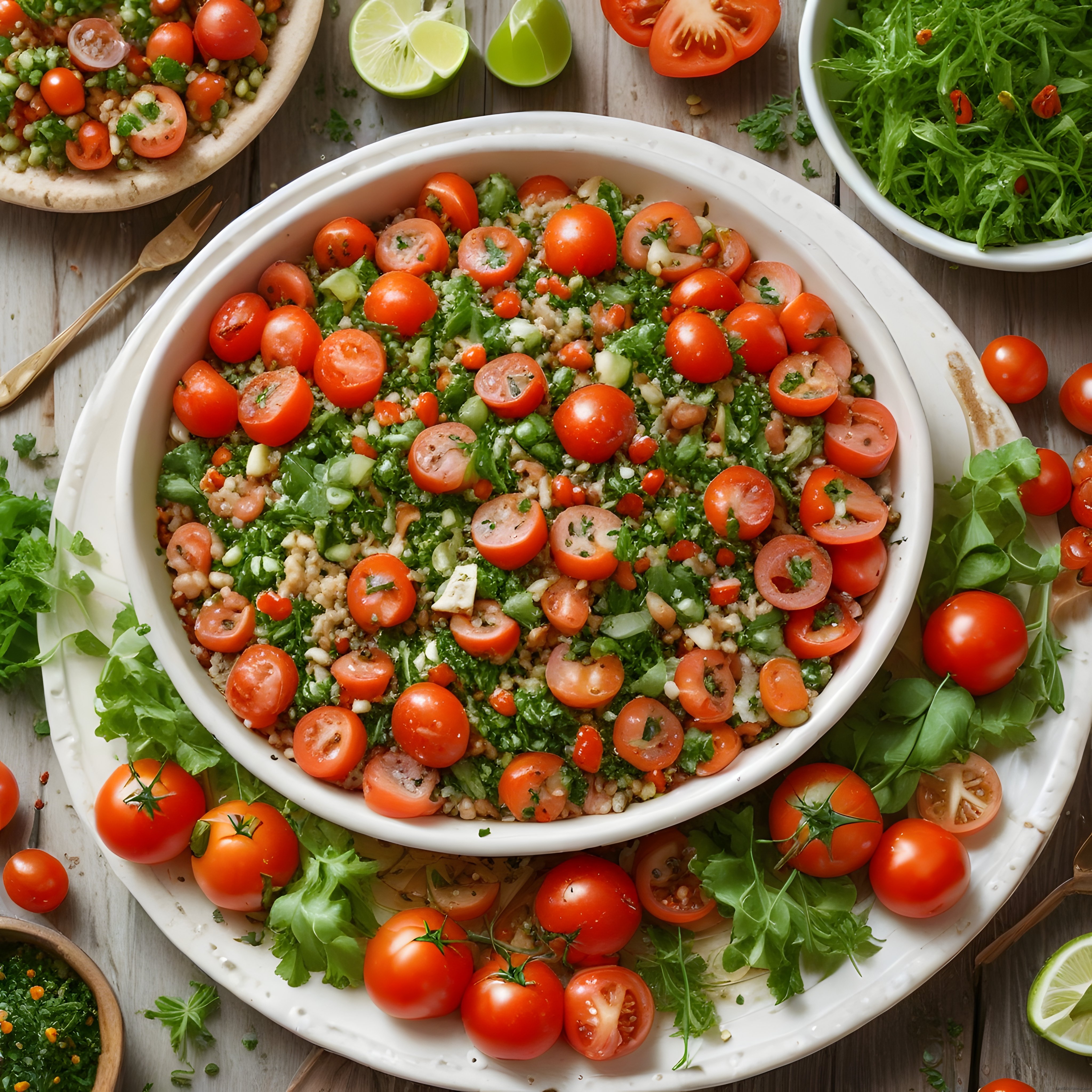 Taze domates ve yeşilliklerle geleneksel tabbule salatası sunumu