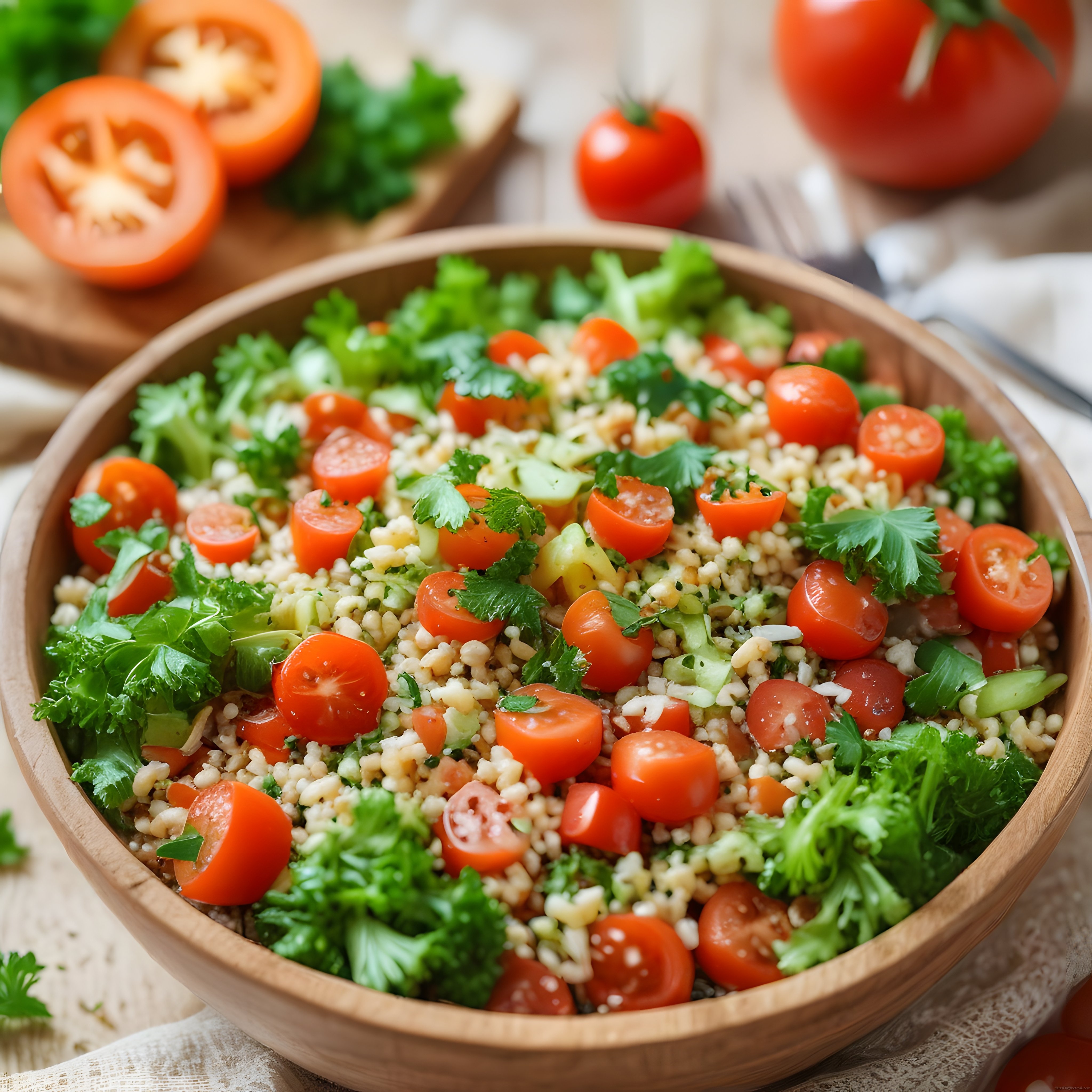 Taze domates ve yeşilliklerle hazırlanan geleneksel bulgur salatası sunumu