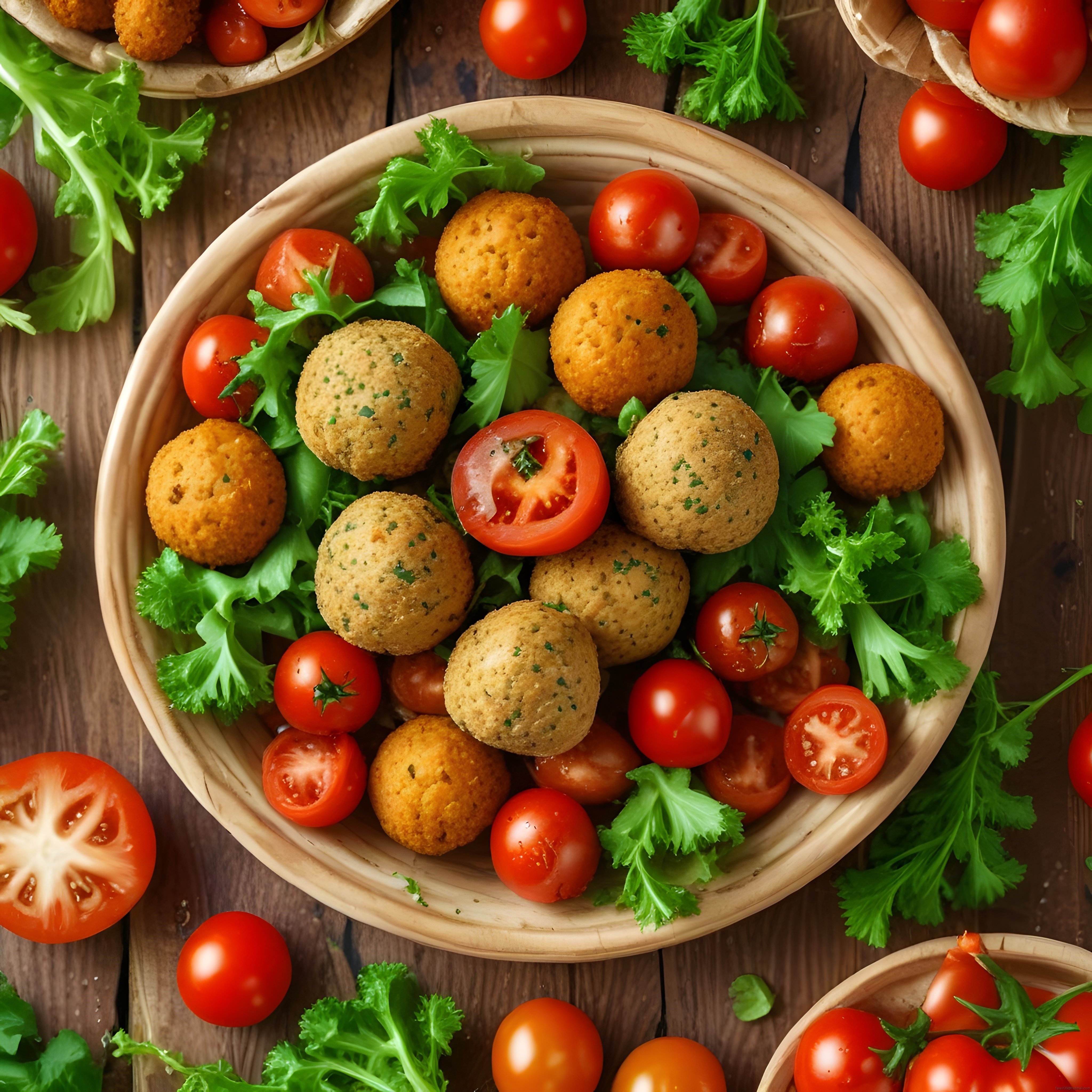 Taze Domates ve Yeşilliklerle Süslenmiş Falafel ve Sebze Kroket Sunumu