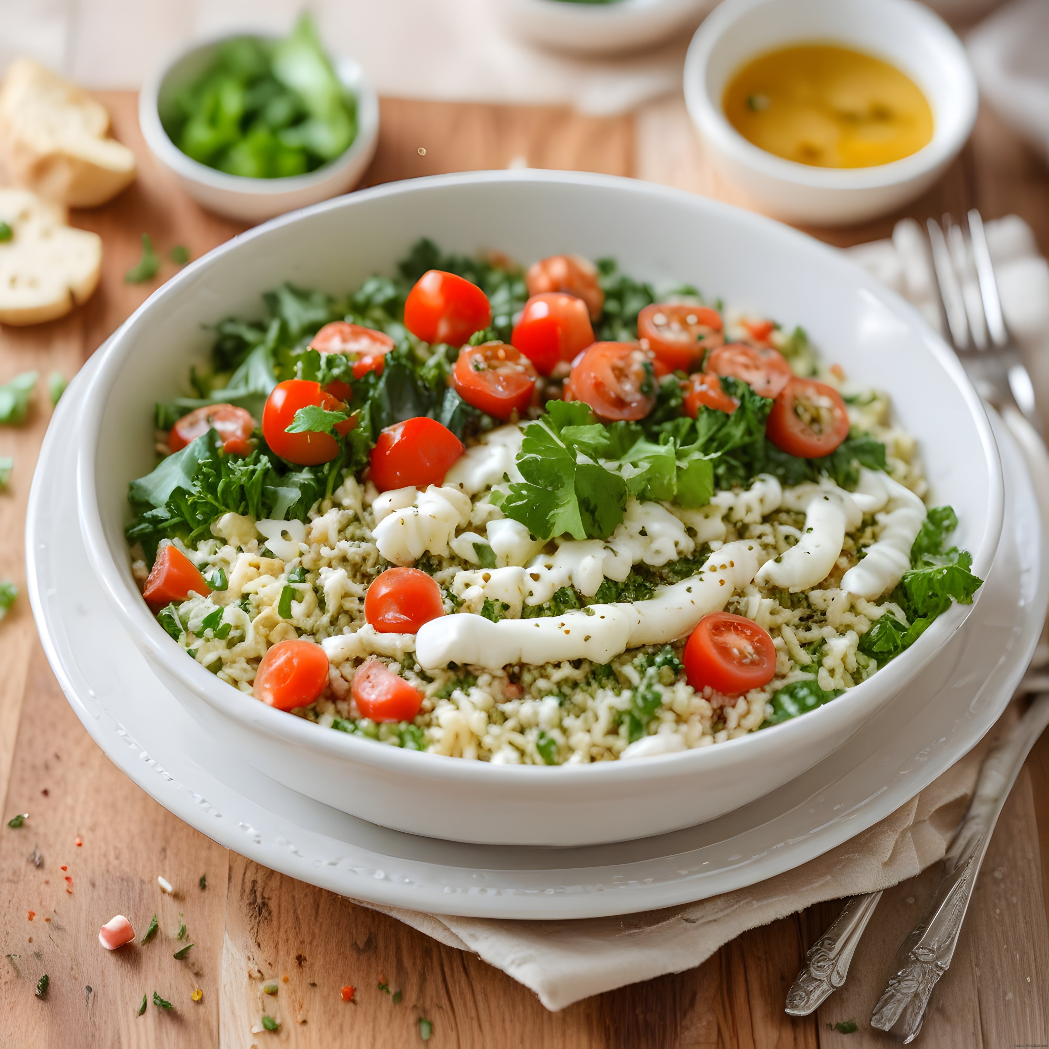 Taze domatesli bulgur salatası ve peynir sosu ile besleyici yemek sunumu