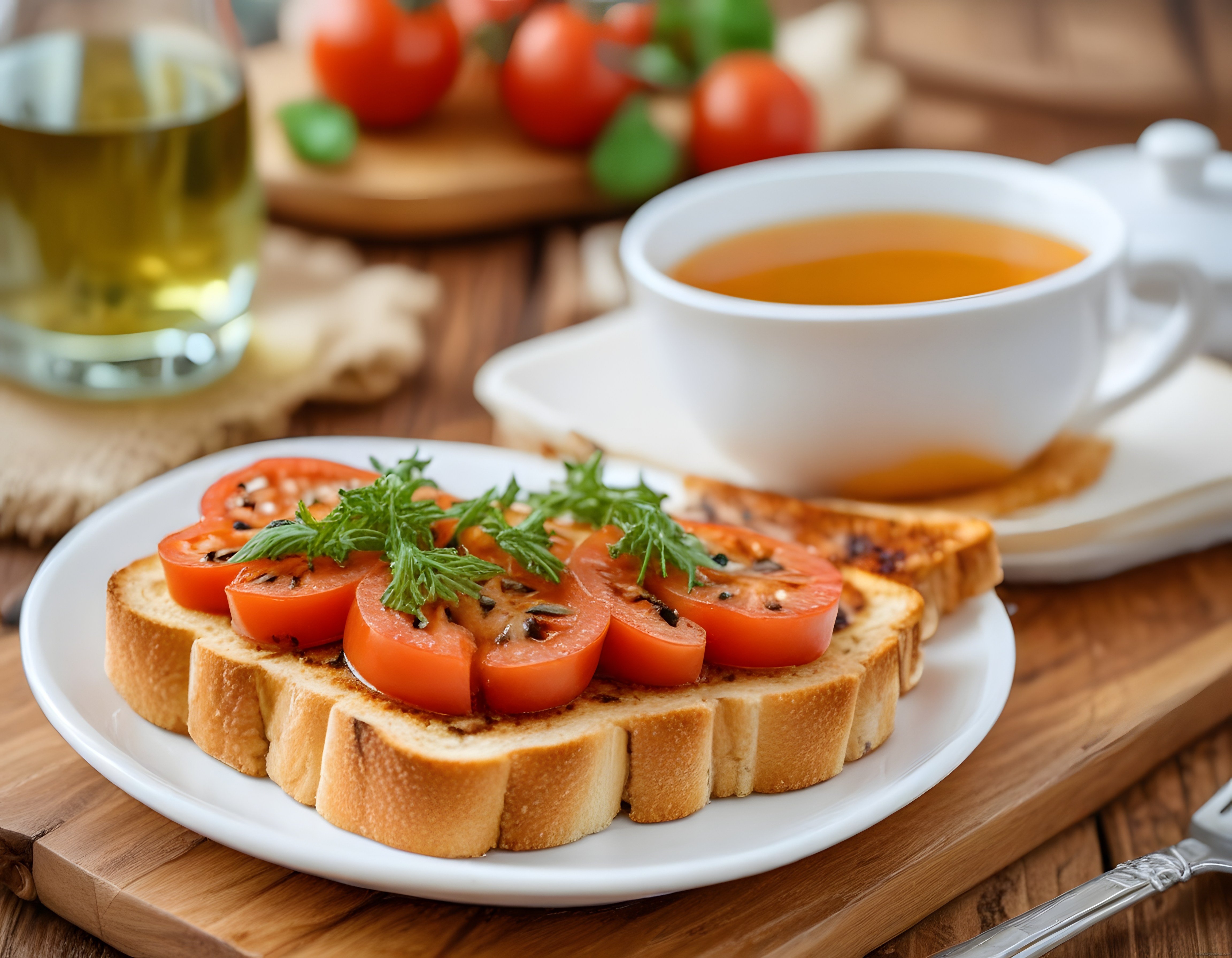 Taze domatesli kızarmış ekmekler, zeytinyağı ve çay ile sunum