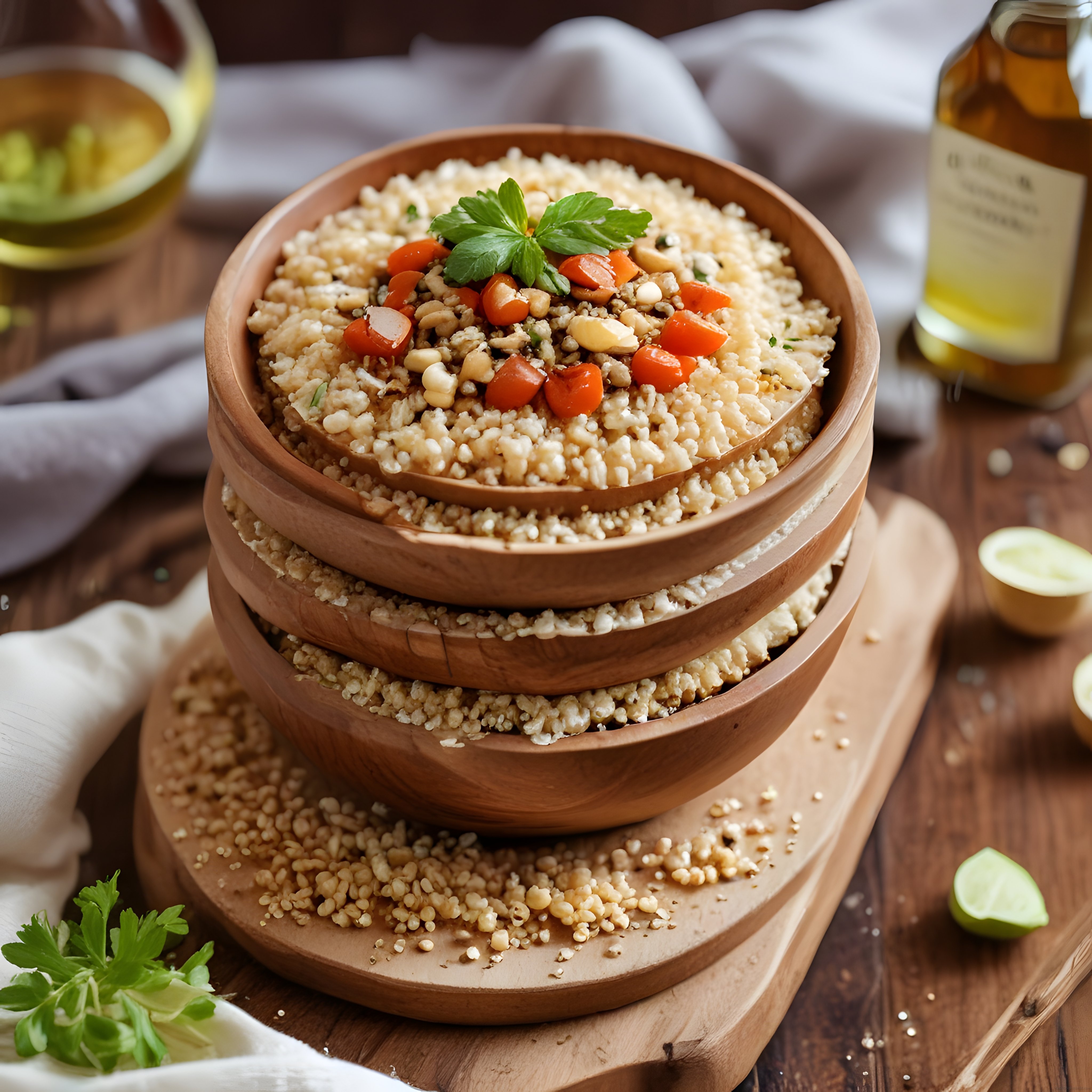 Taze domatesli kuskus salatası ahşap kaselerde rustik sunumla