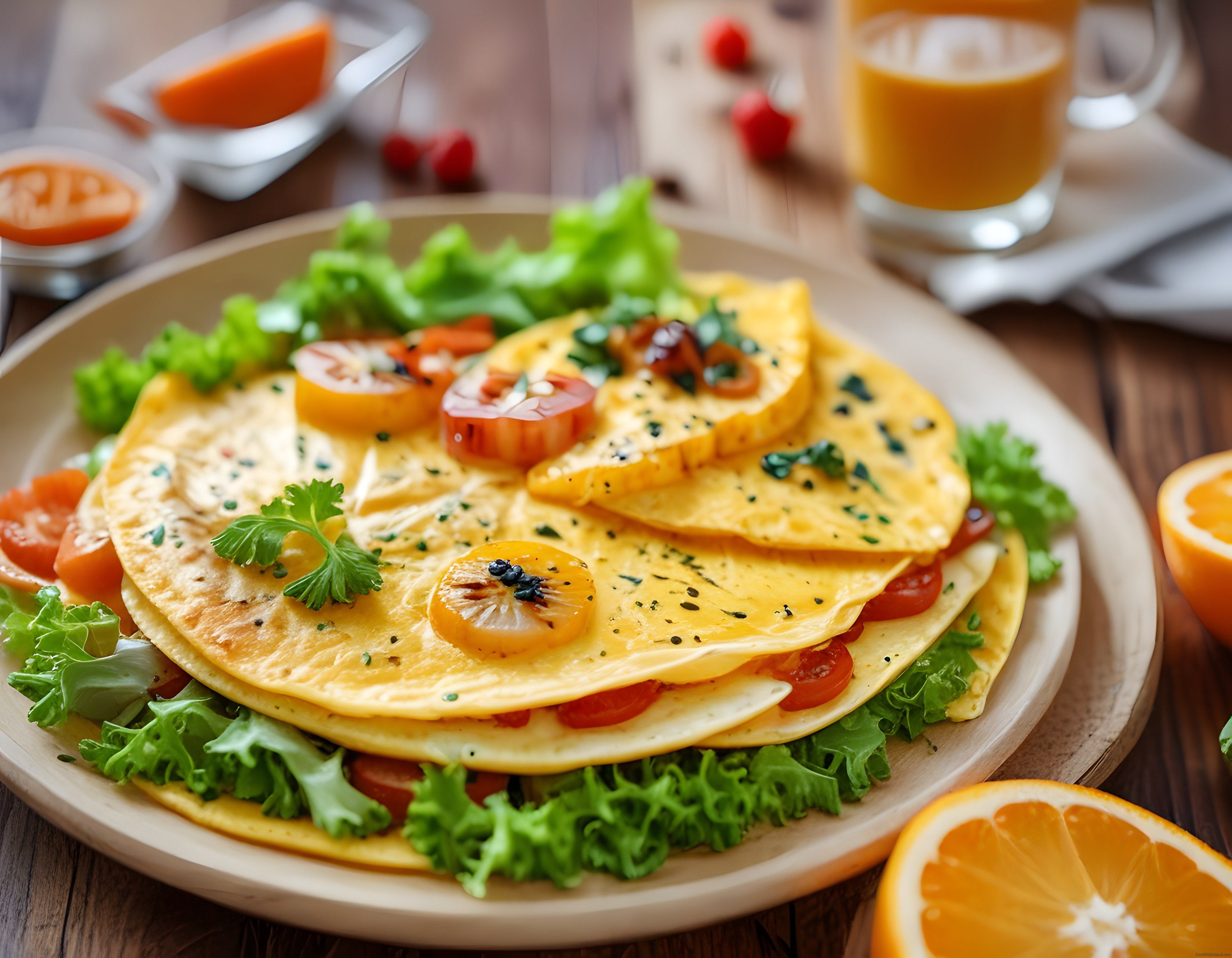 Taze domatesli omlet ve portakal suyuyla donatılmış sıcak kahvaltı masası