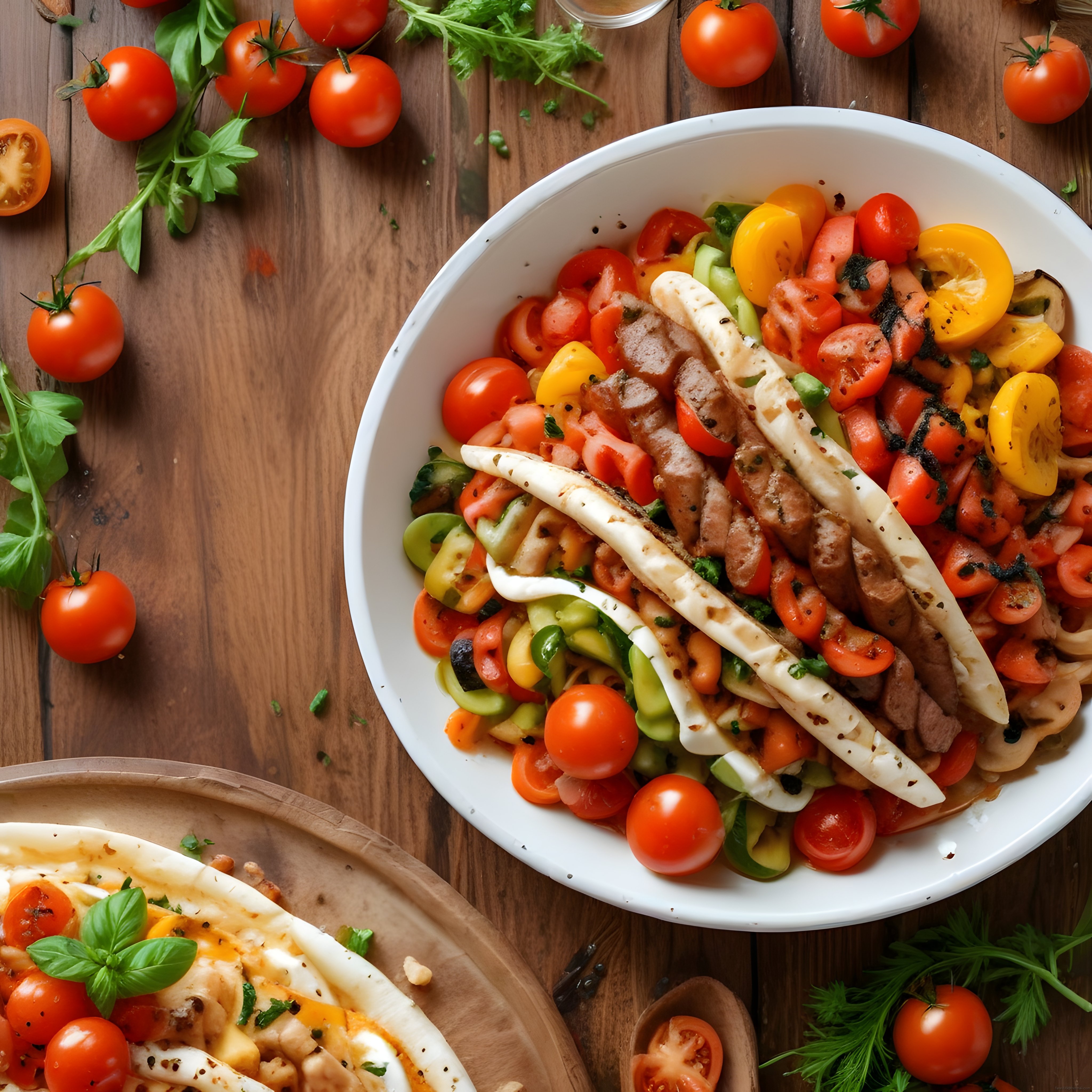 Taze Domatesli Peynirli Salata ve Kahvaltılık Sunum Ahşap Masa Üzerinde
