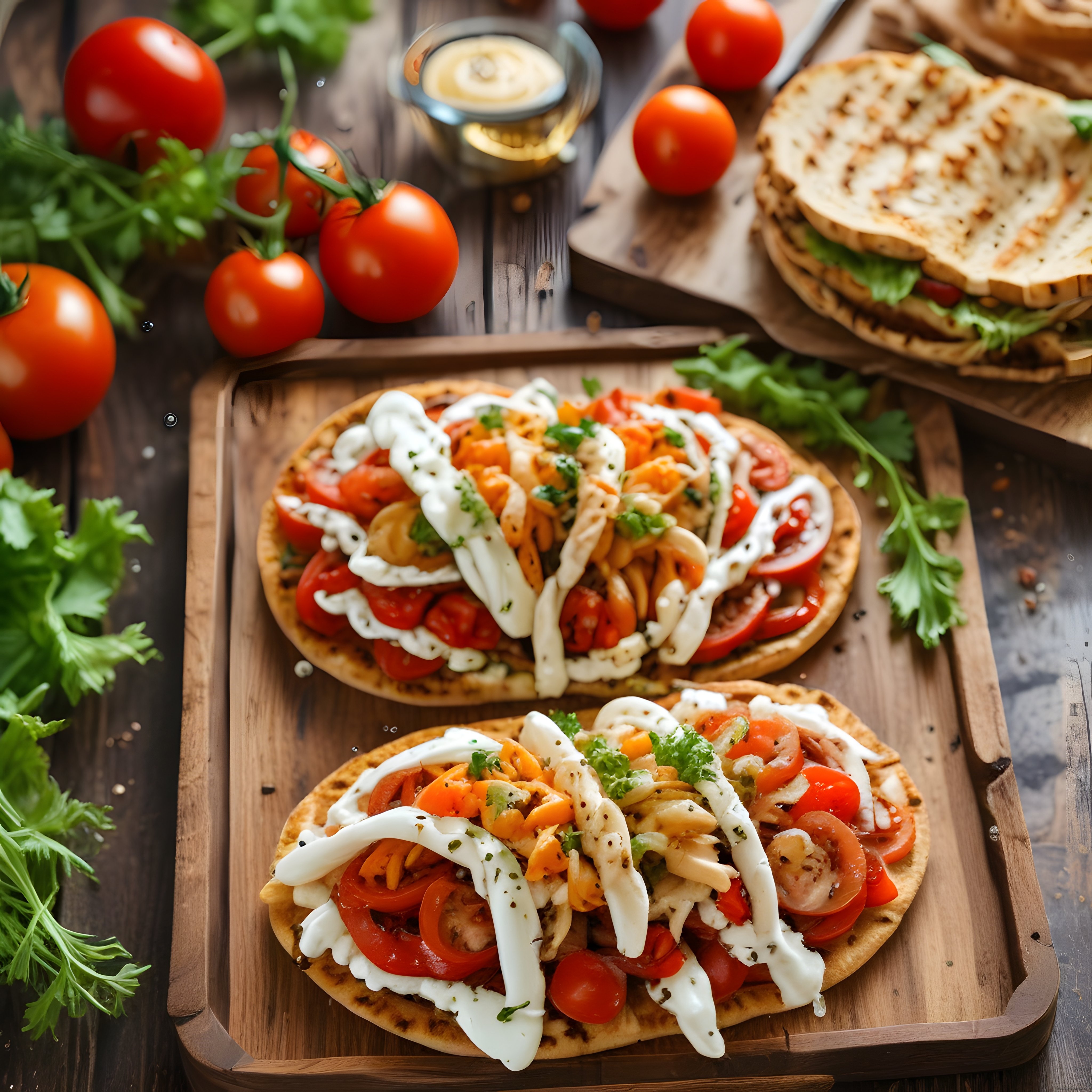 Taze domatesli tavuklu flatbreadler yoğurt sosuyla ahşap sunum tahtasında