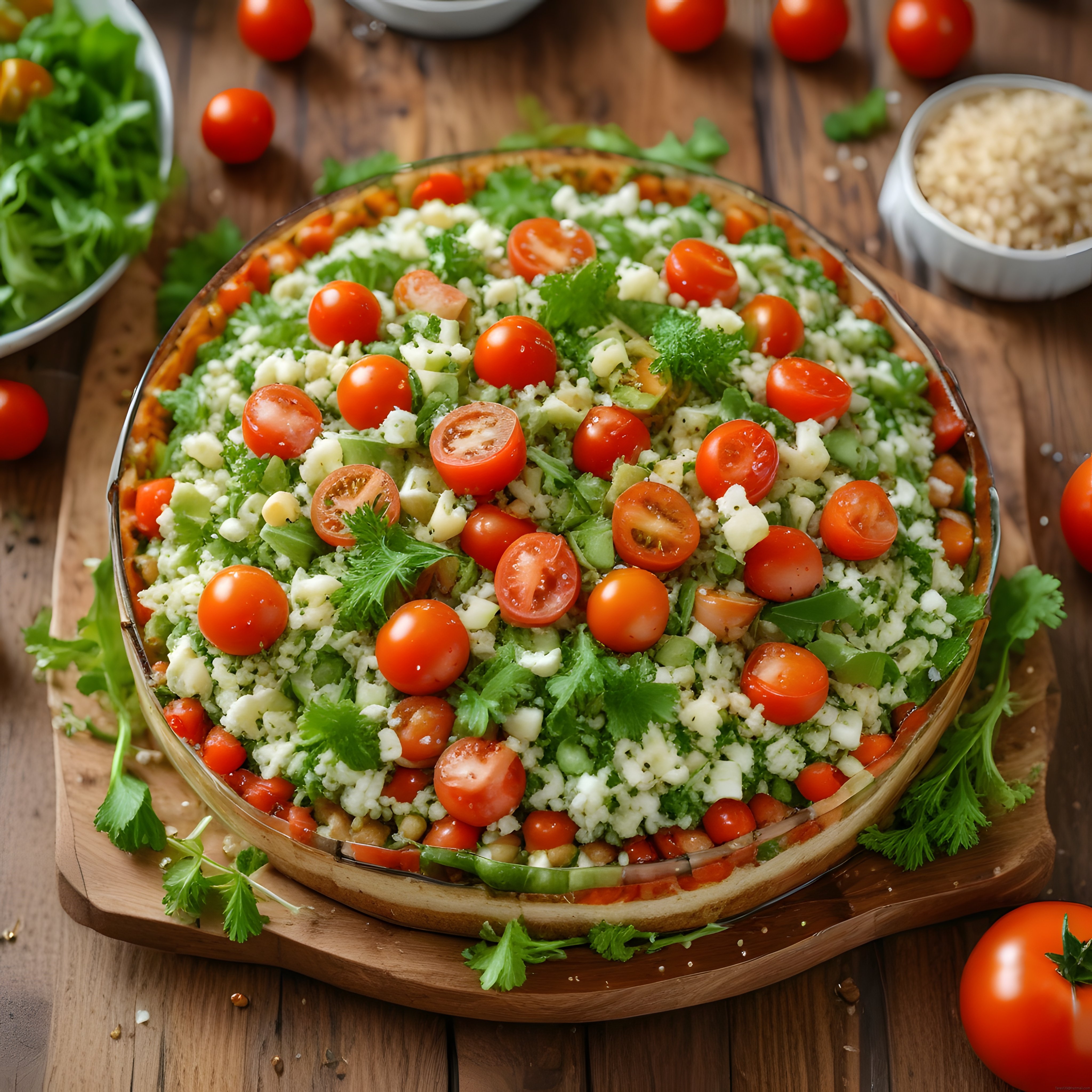Taze Domatesli ve Beyaz Peynirli Sağlıklı Akdeniz Salatası Kase Sunumu
