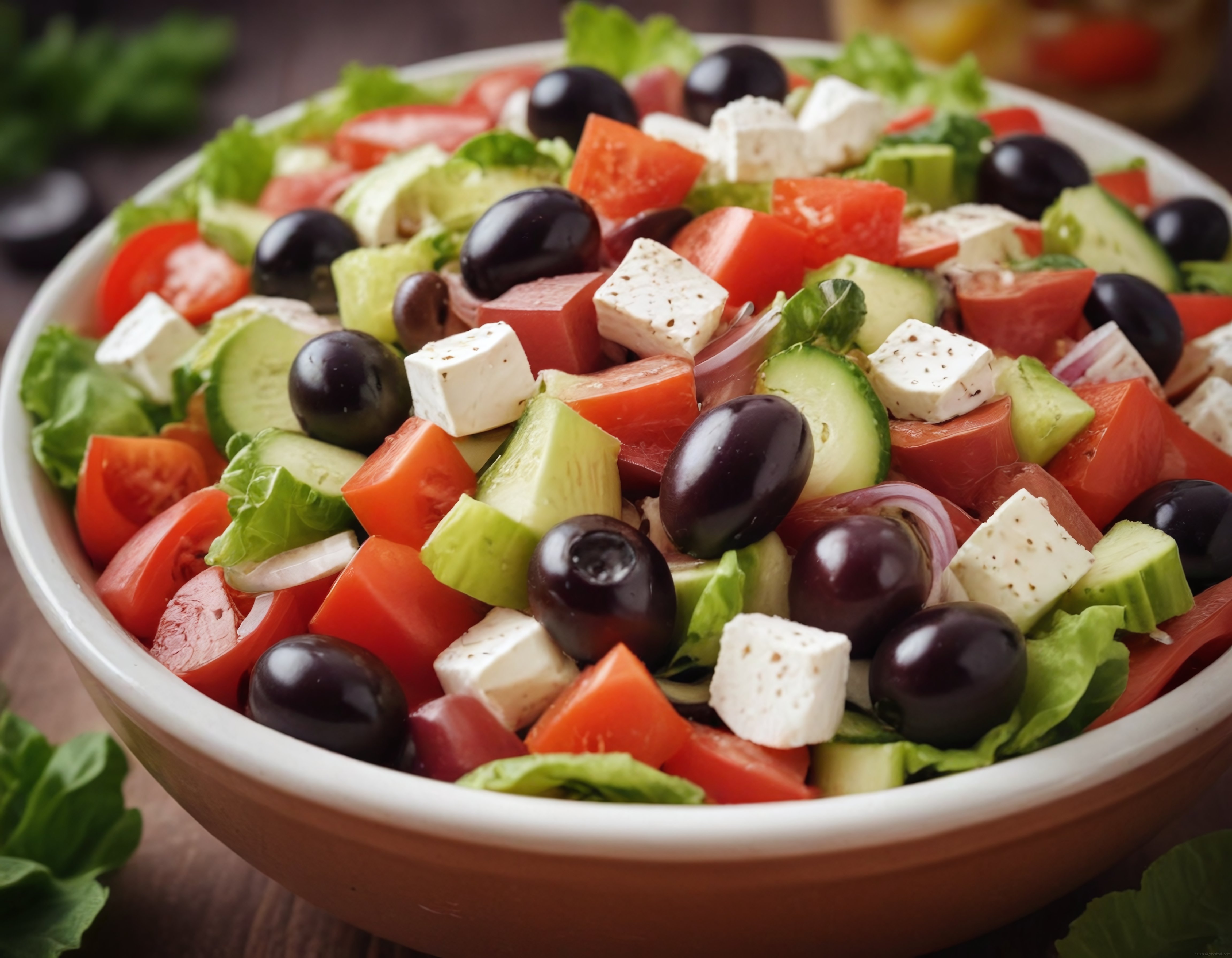 Taze Domatesli, Zeytinli ve Feta Peynirli Geleneksel Akdeniz Salatası