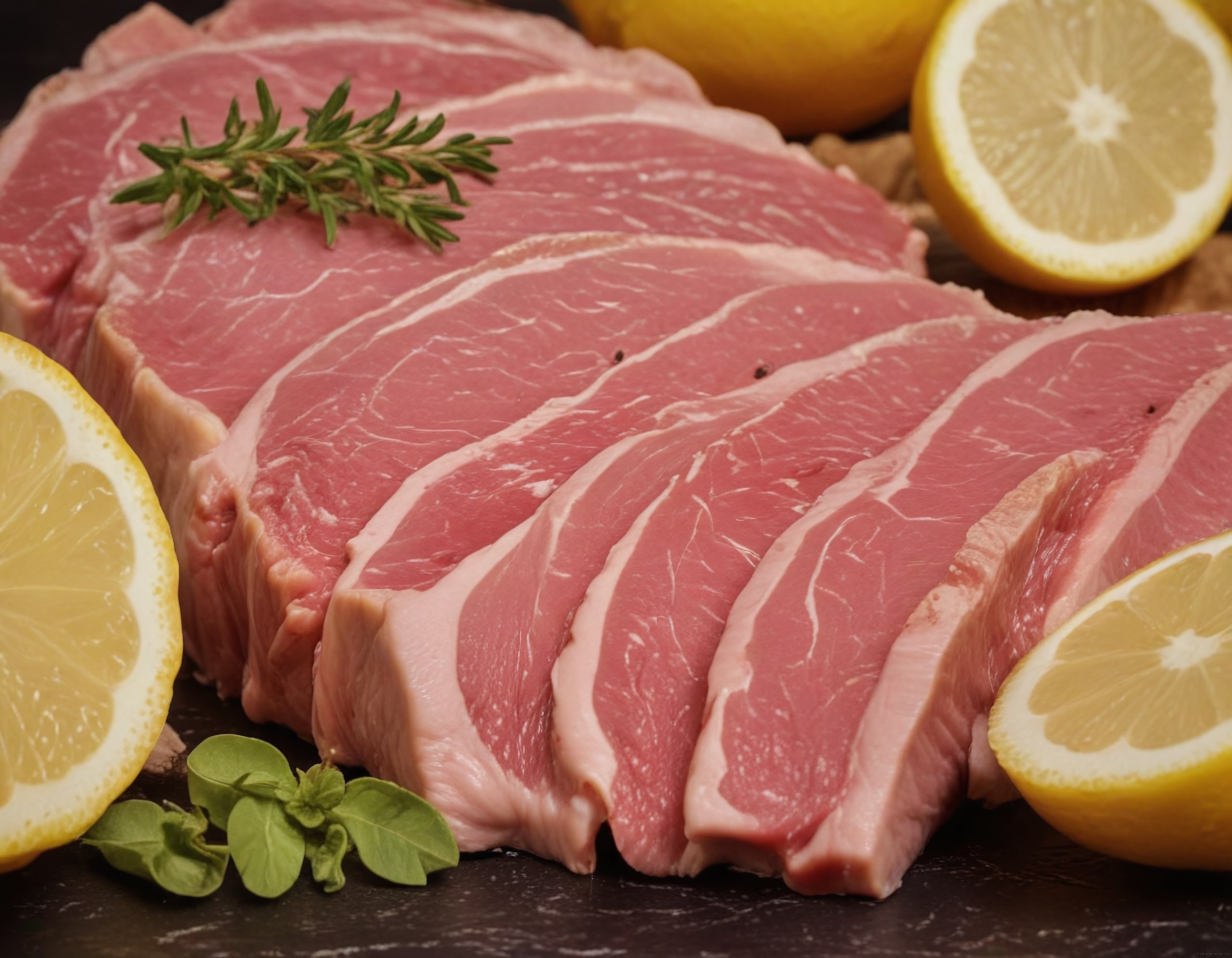 Taze domuz pirzola dilimleri limon, biberiye ve fesleğen ile şık mutfak sunumu