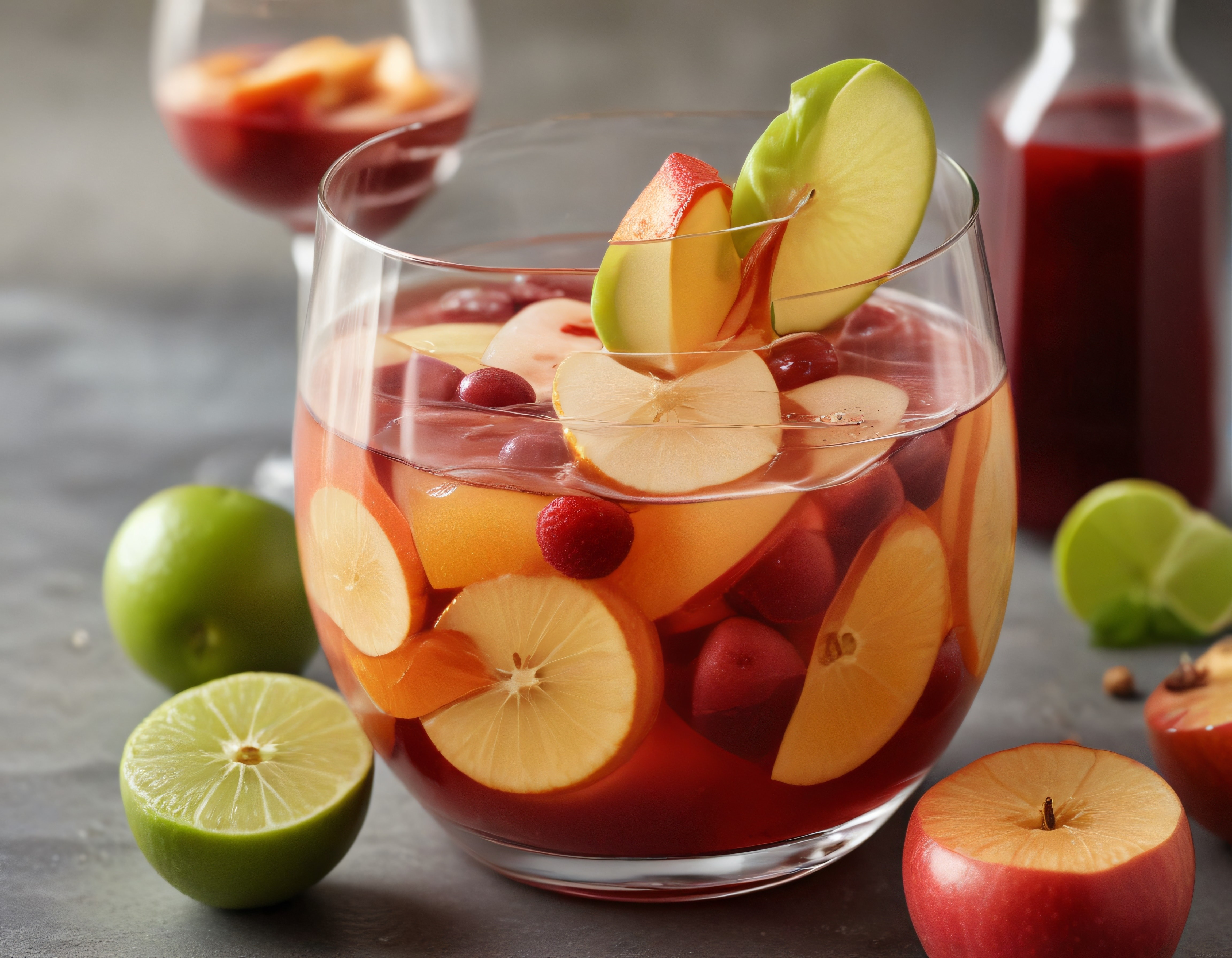 Taze Elma ve Portakallı Kırmızı Sangria Bardakta Servis Edilmiş İçecek