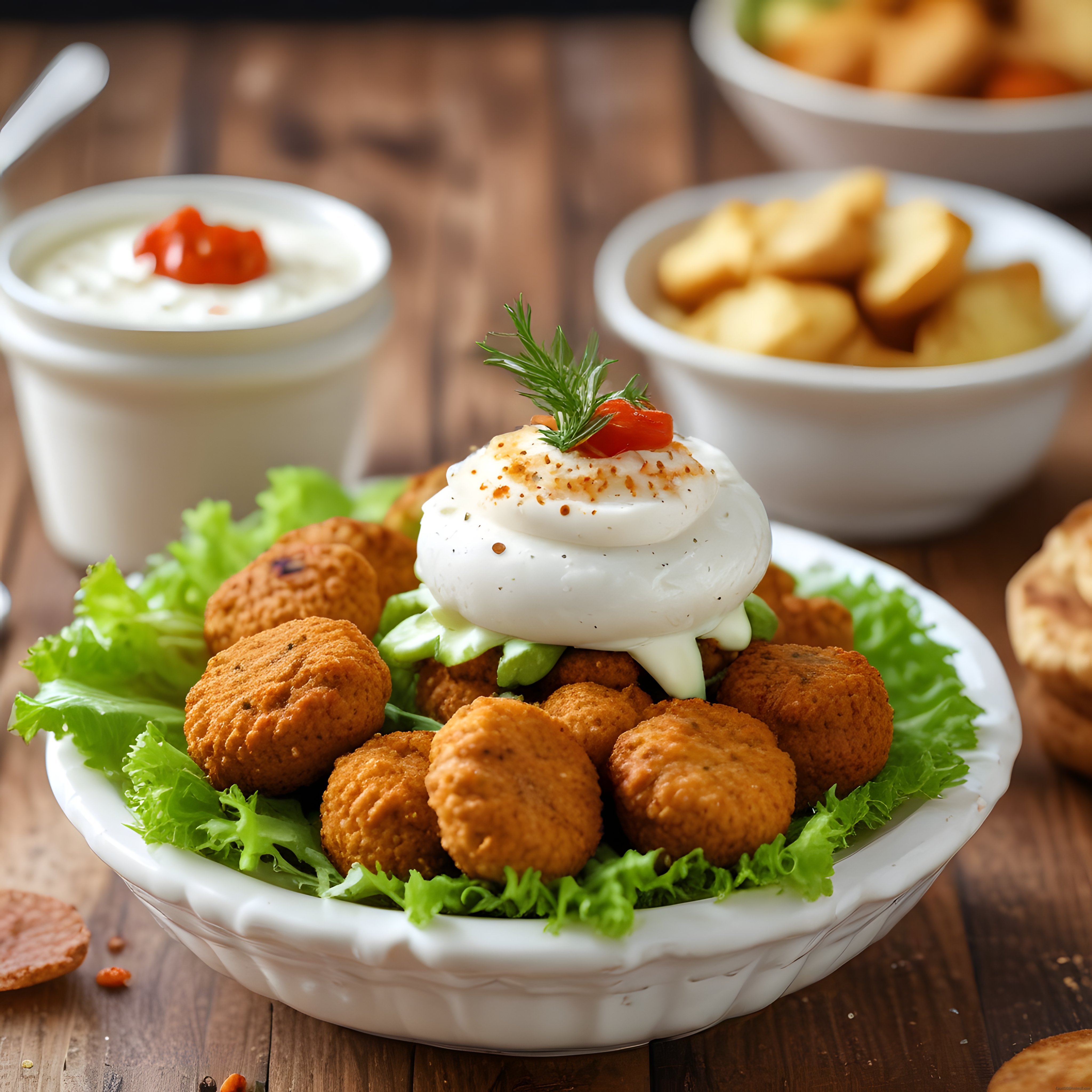 Taze Falafel Topları ve Yoğurt Sosu ile Geleneksel Orta Doğu Tabağı