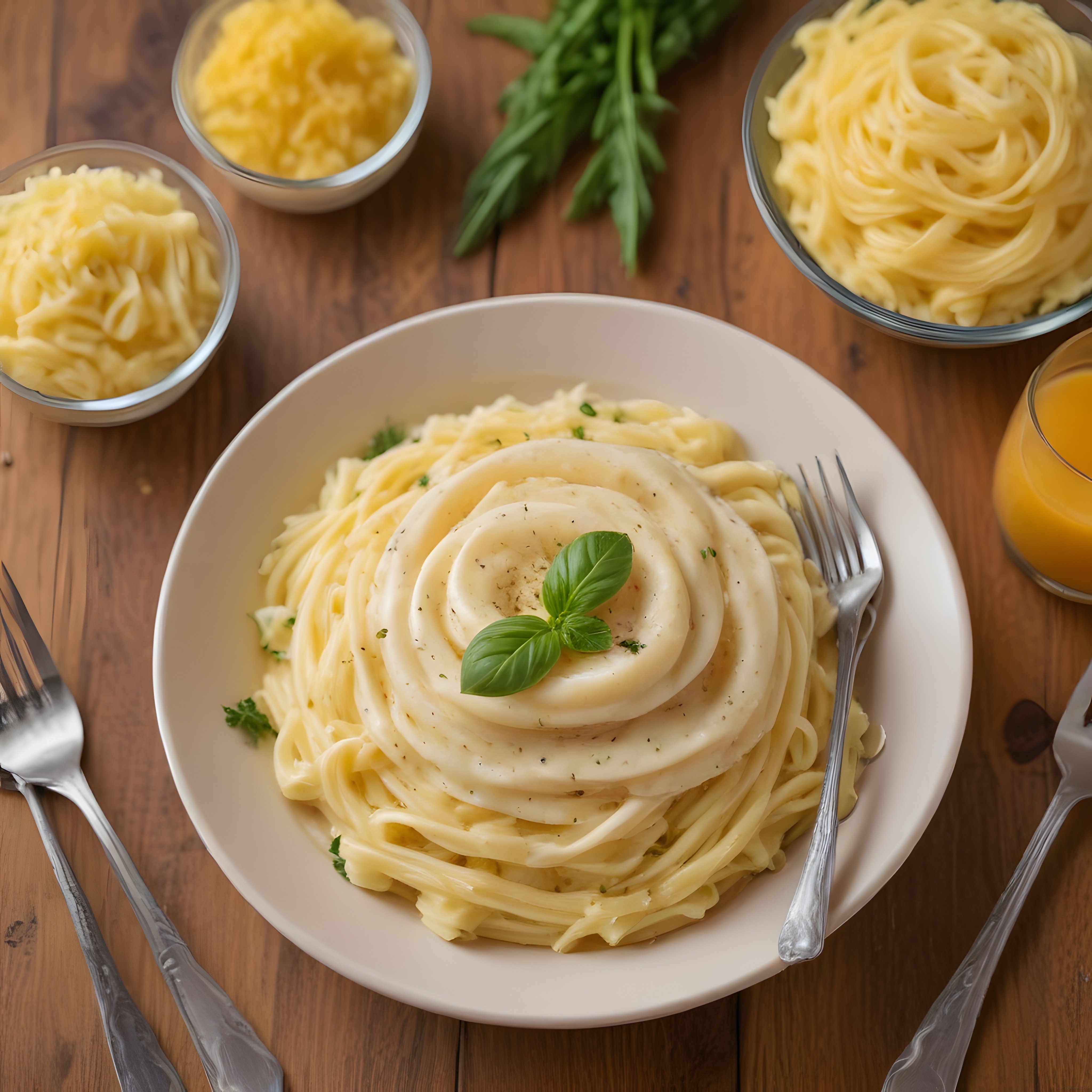 taze fesleğen ve erimiş peynir dilimleriyle süslenmiş kremalı spagetti tabağı