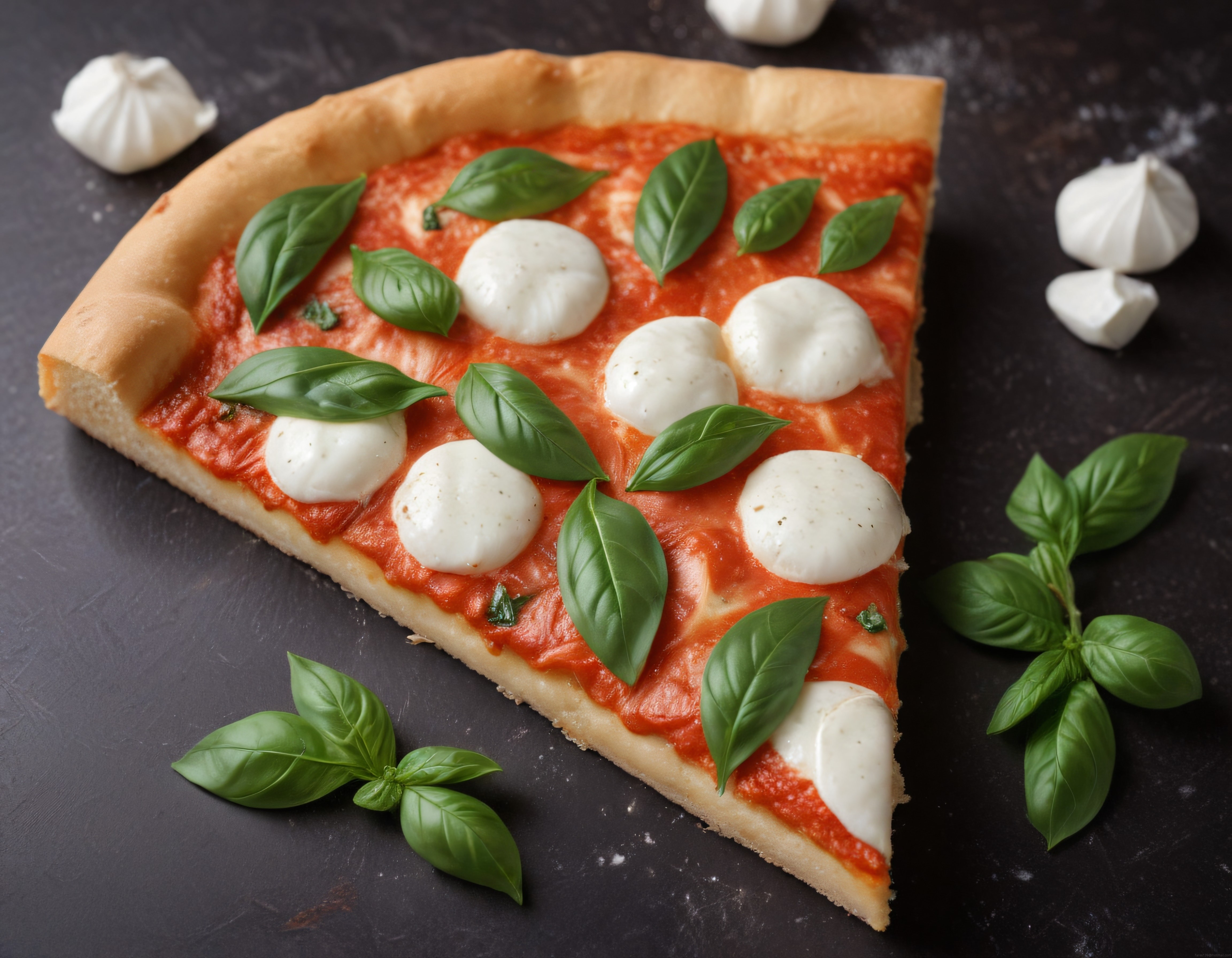 Taze Fesleğen ve Mozzarella ile Süslenmiş Ev Yapımı İtalyan Pizza Dilimi