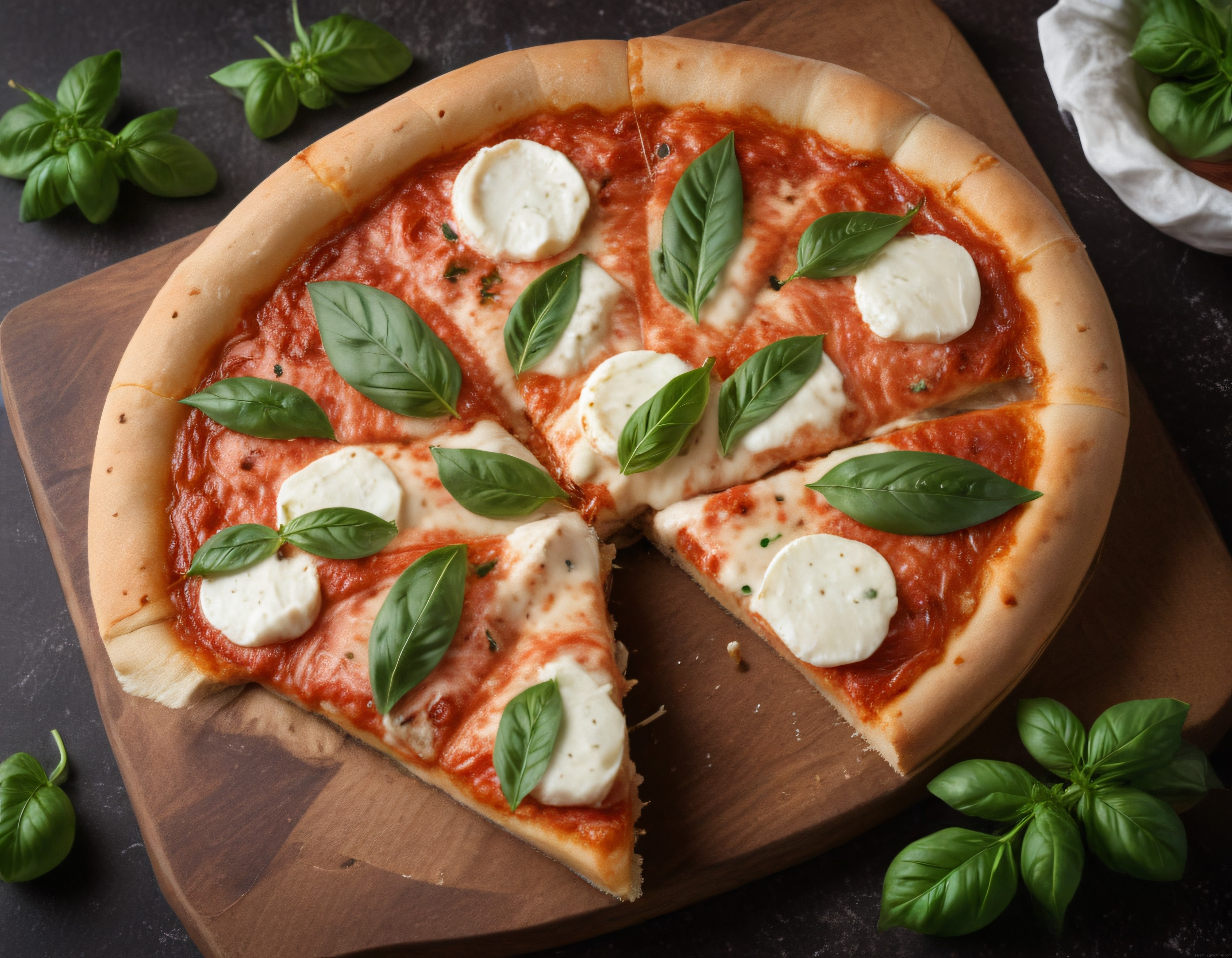 Taze Fesleğen ve Mozzarella ile Süslenmiş Nefis İtalyan Margherita Pizza