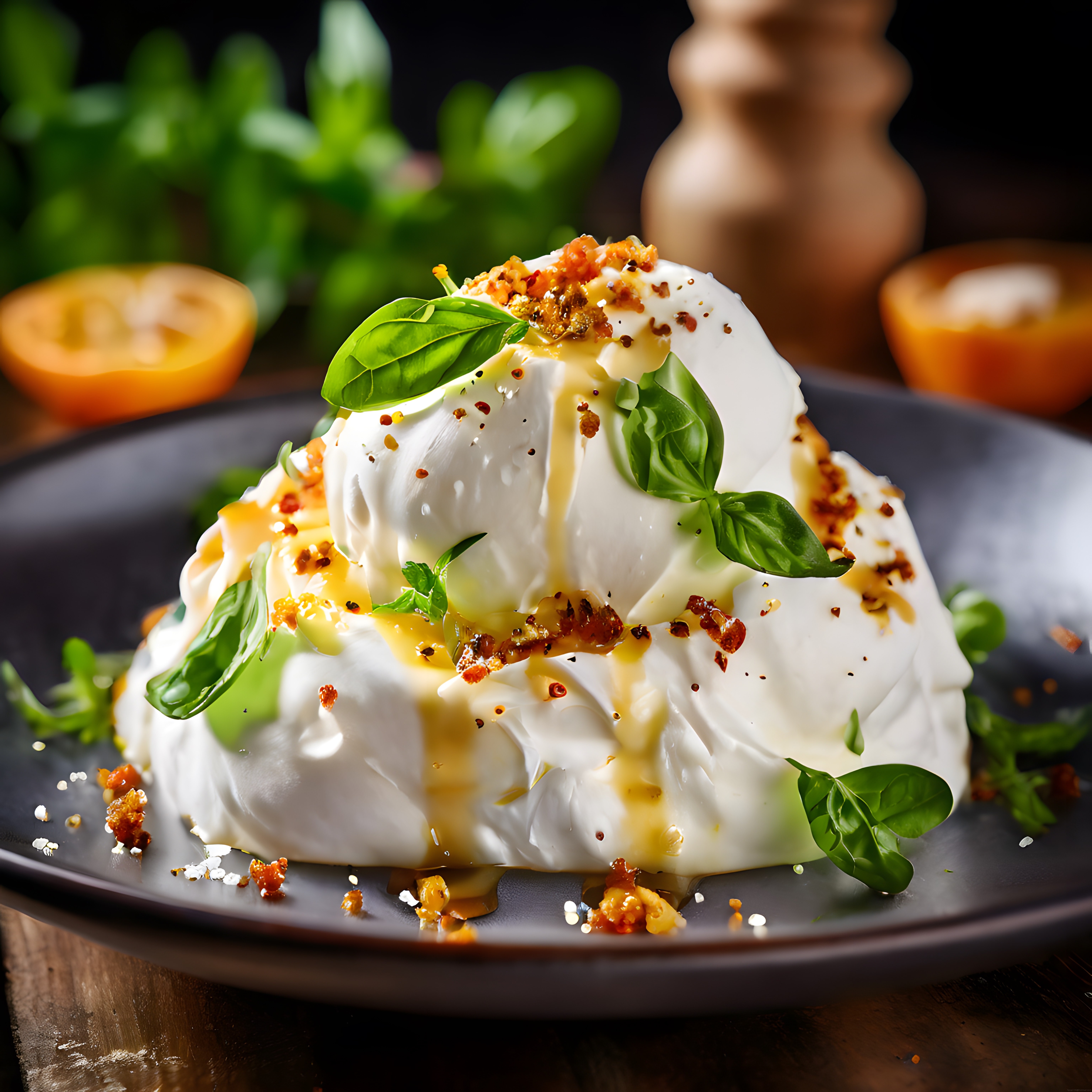 Taze Fesleğen ve Zeytinyağı ile Süslenmiş Kreması Akışkan İtalyan Burrata