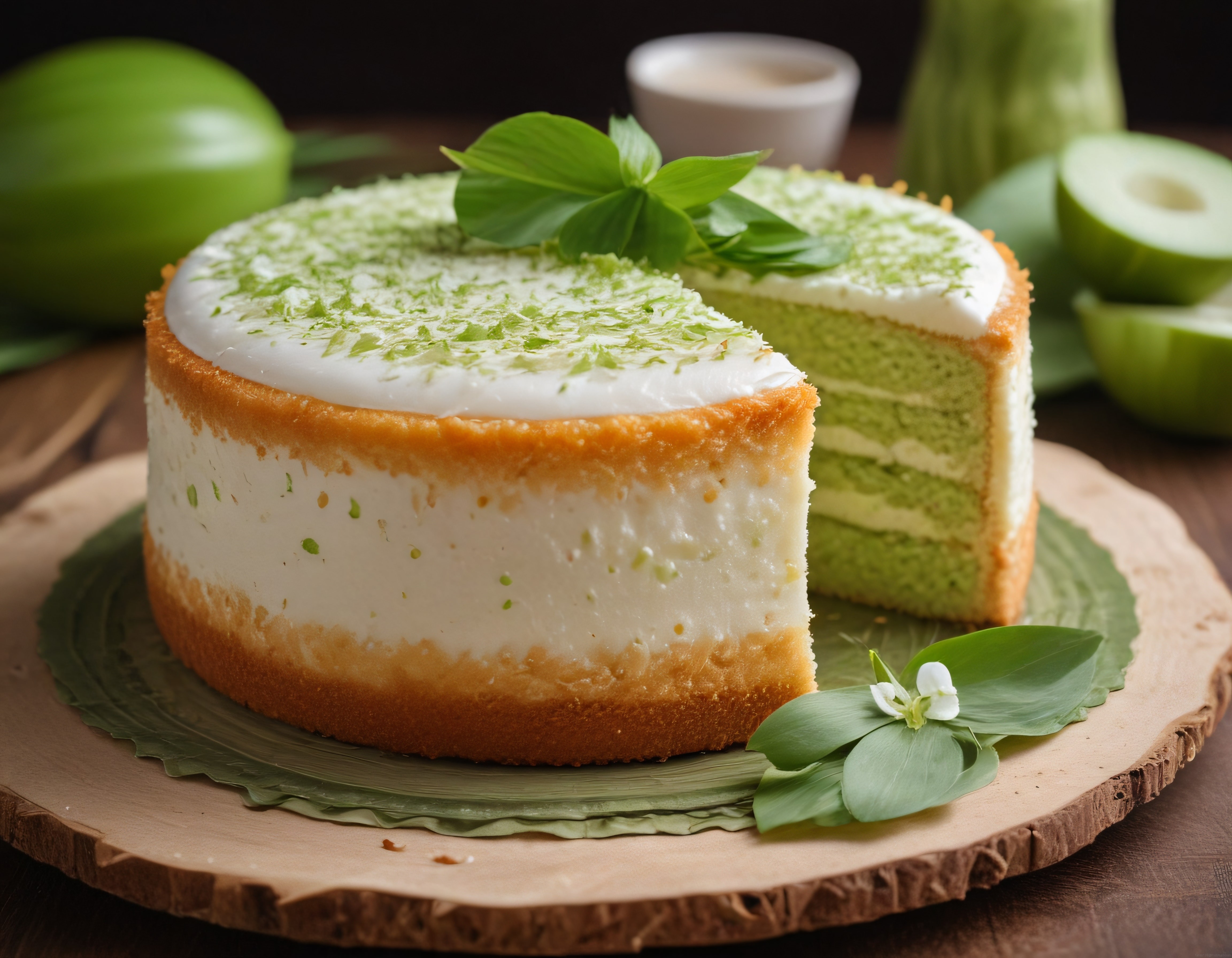 Taze Fesleğen Yapraklarıyla Süslenmiş Limonlu Yeşil Katmanlı Pasta