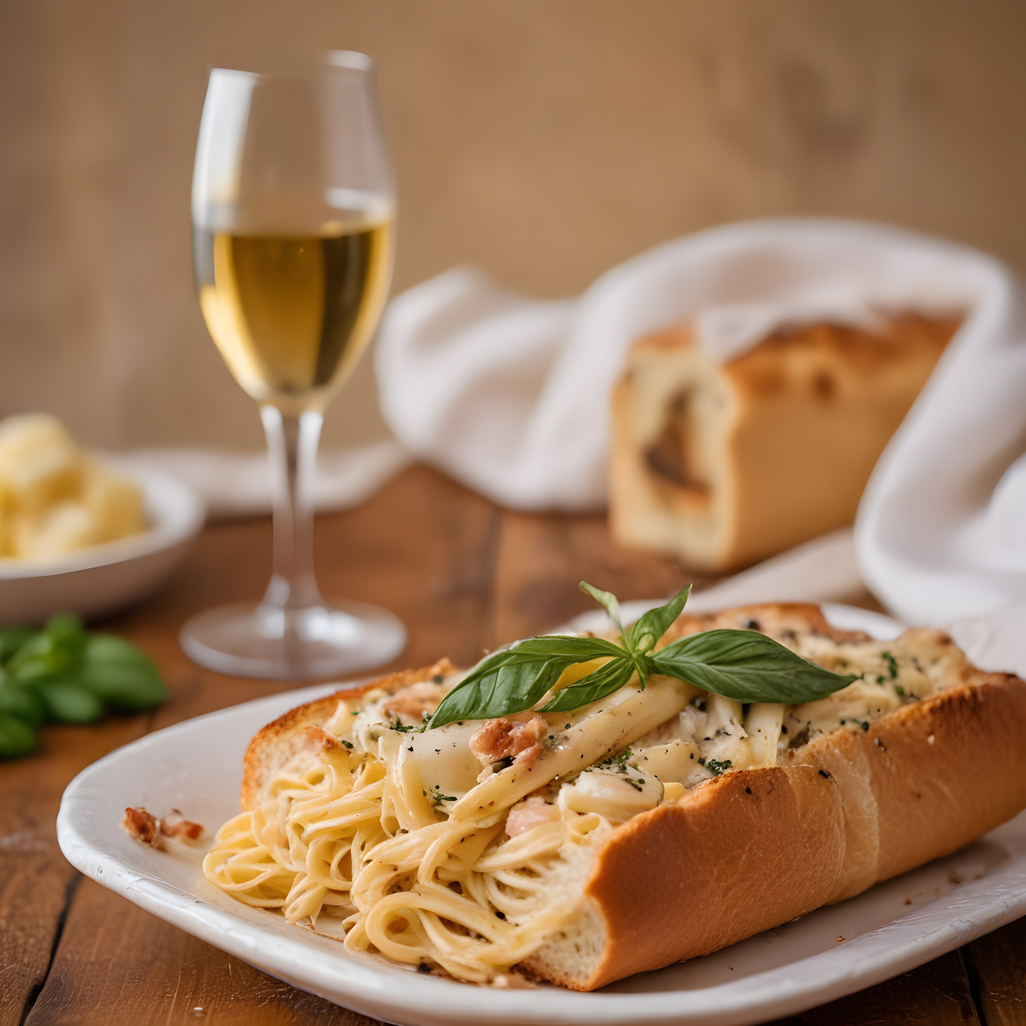 Taze Fesleğenli Ekmek Kasesinde Spagetti ve Beyaz Şarap Eşliğinde Akşam Yemeği