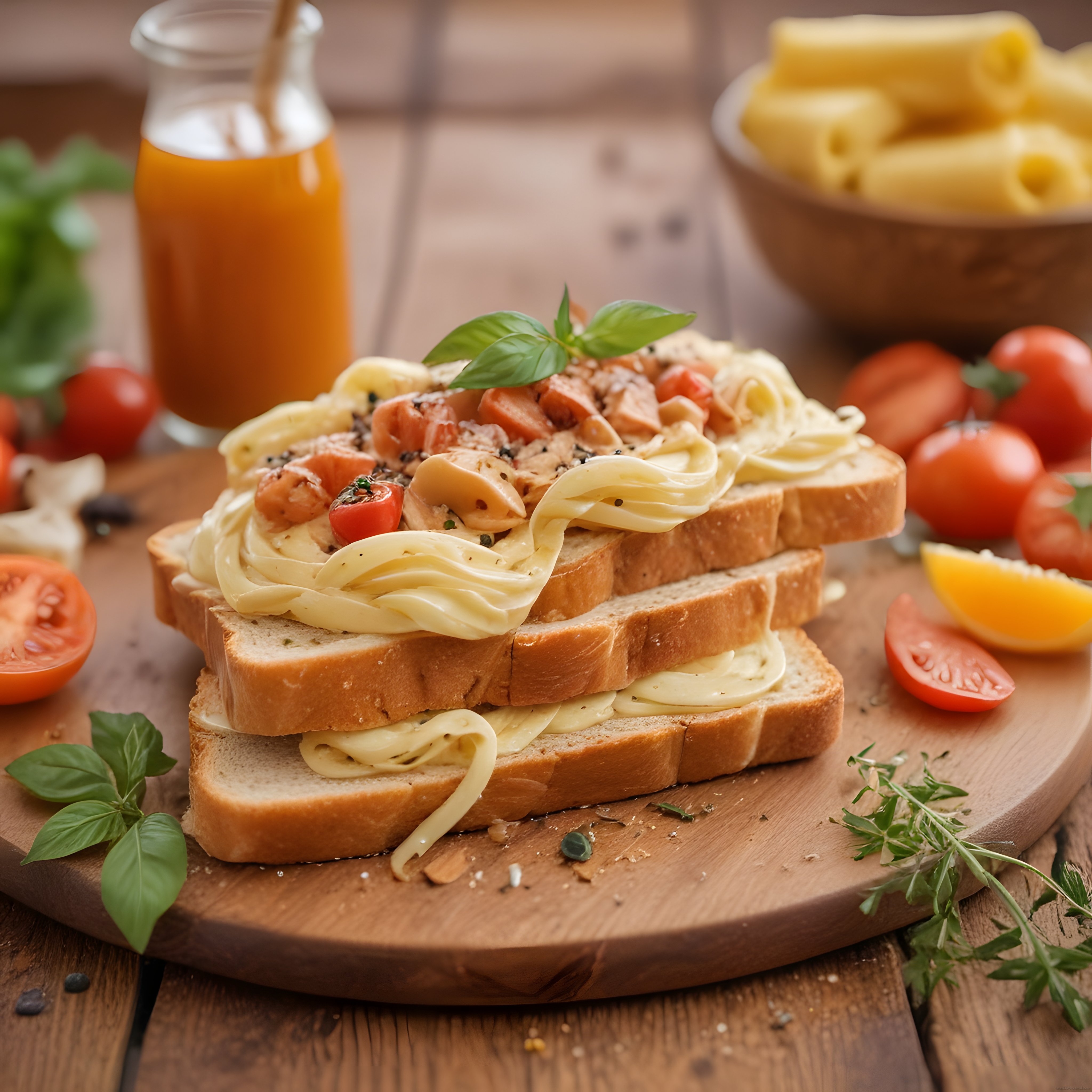 taze fesleğenli mantarlı domates soslu ekmek üstü makarna ve peynir sunumu