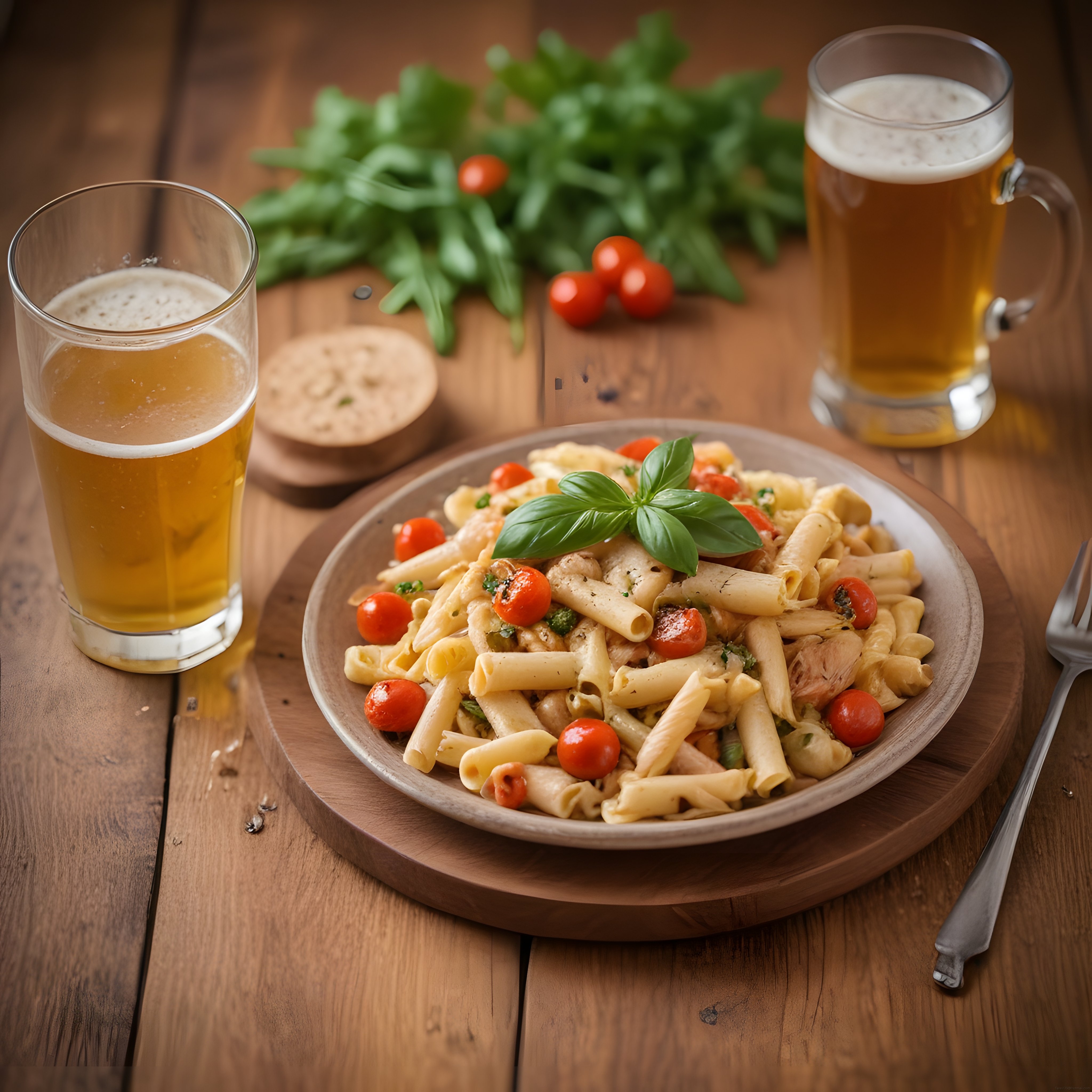 Taze Fesleğenli Tavuklu Penne Makarna ve Bira Eşliğinde Lezzetli Akşam Yemeği