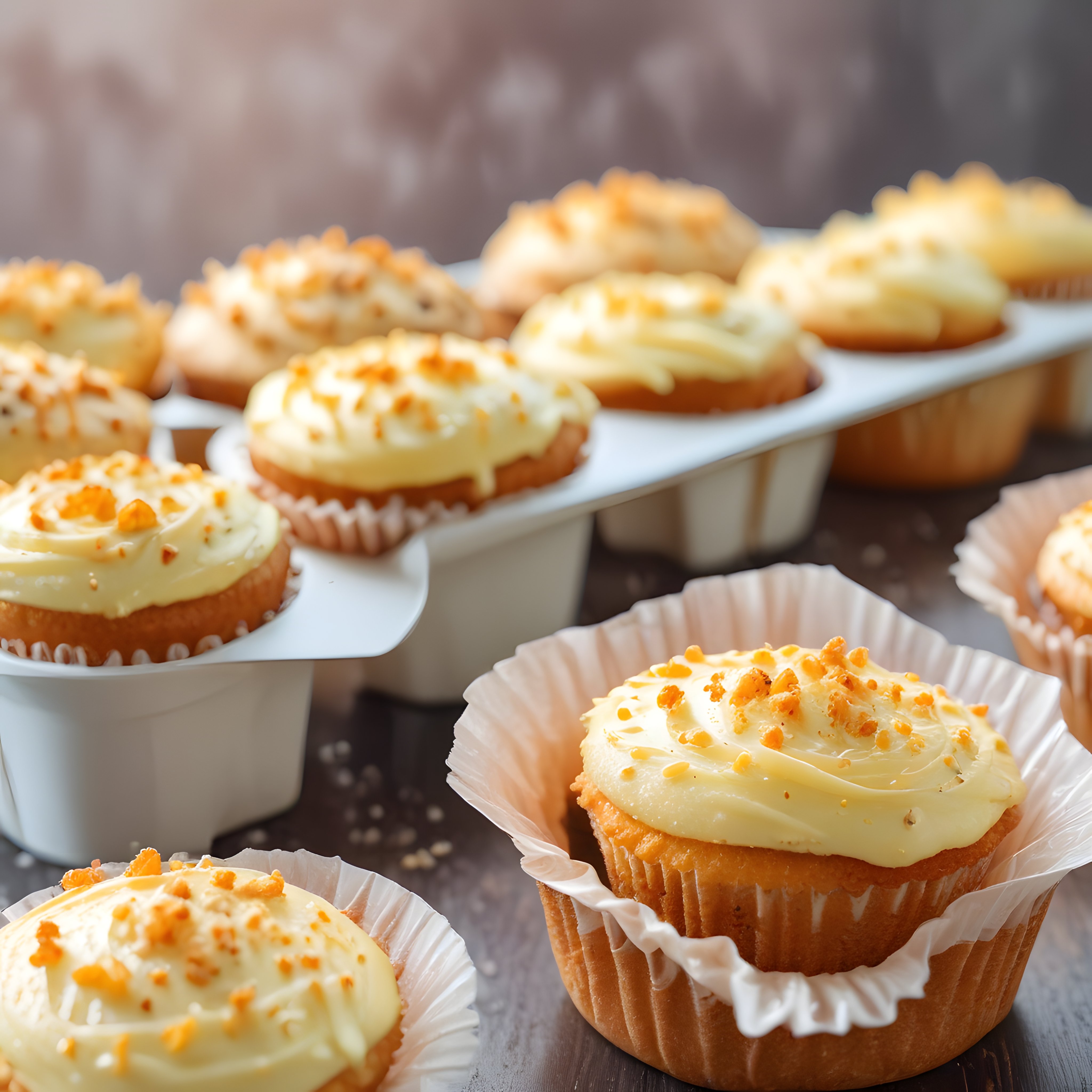 Taze Fırından Çıkmış Kremalı Cupcakeler ve Altın Kırıntılı Süslemesi