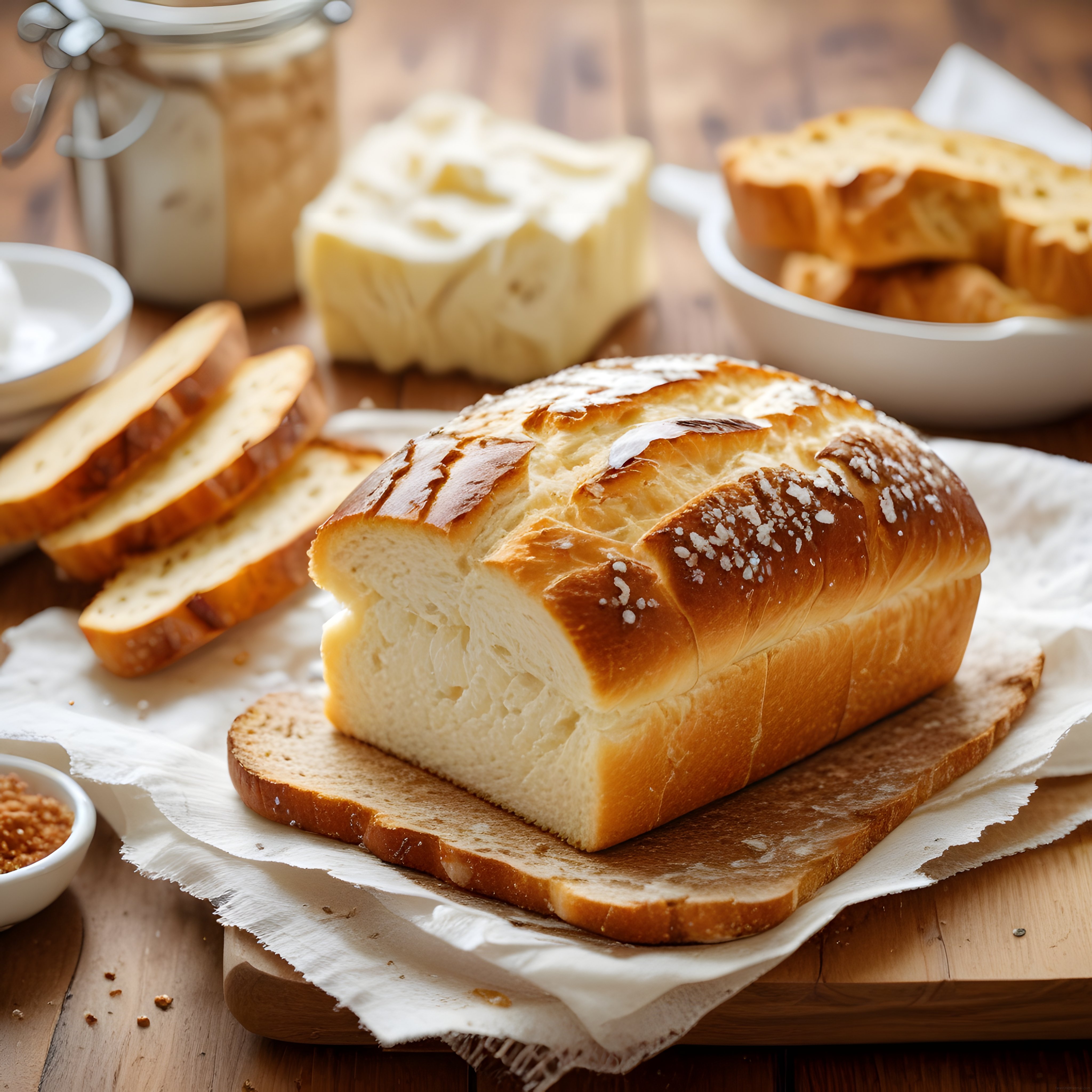 Taze Fırından Çıkmış Yumuşak Tost Ekmeği ve Kahvaltı Sunumu Ahşap Masada