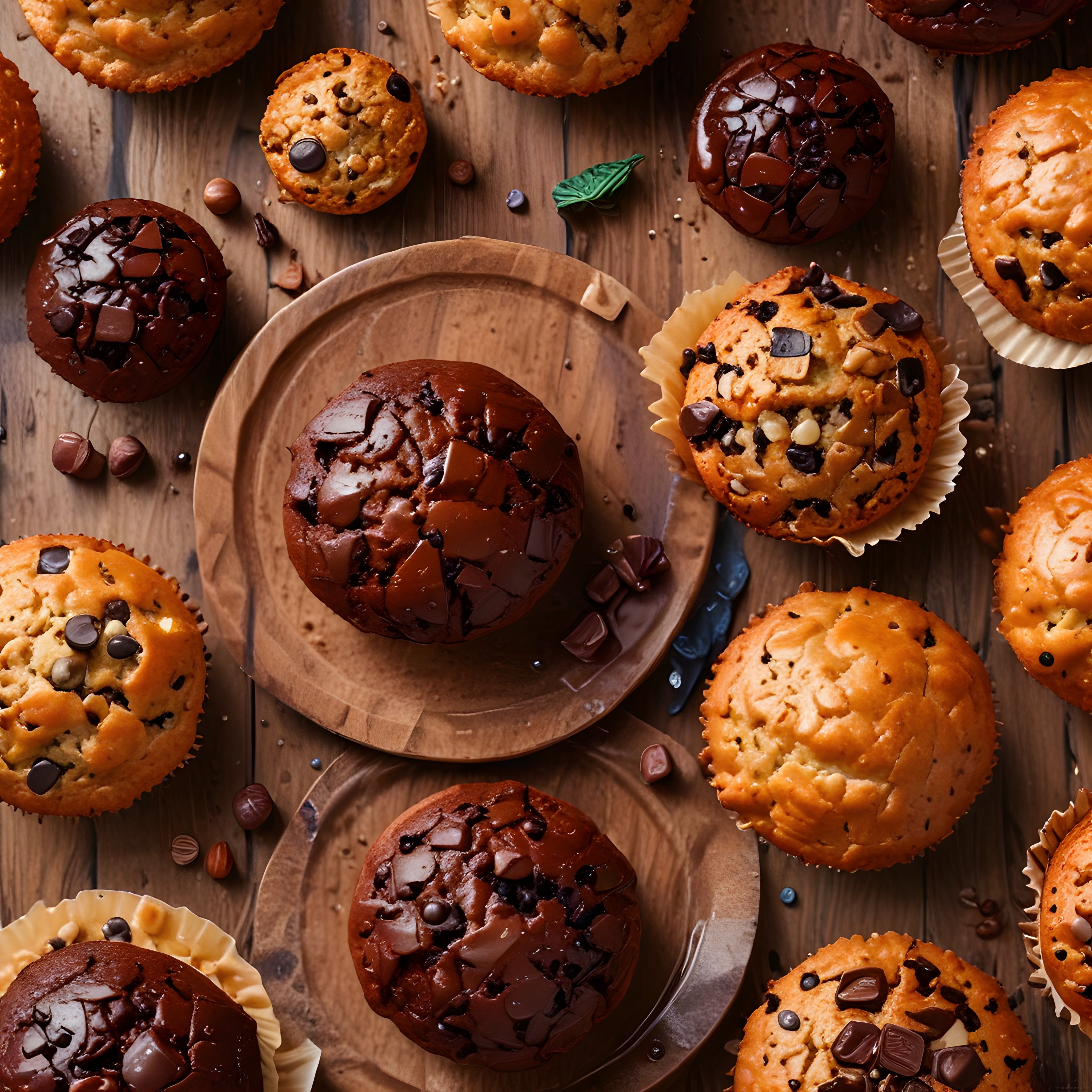 Taze Fırından Çikolatalı Muffin ve Kakaolu Kapkeklerin Ahşap Sunumu