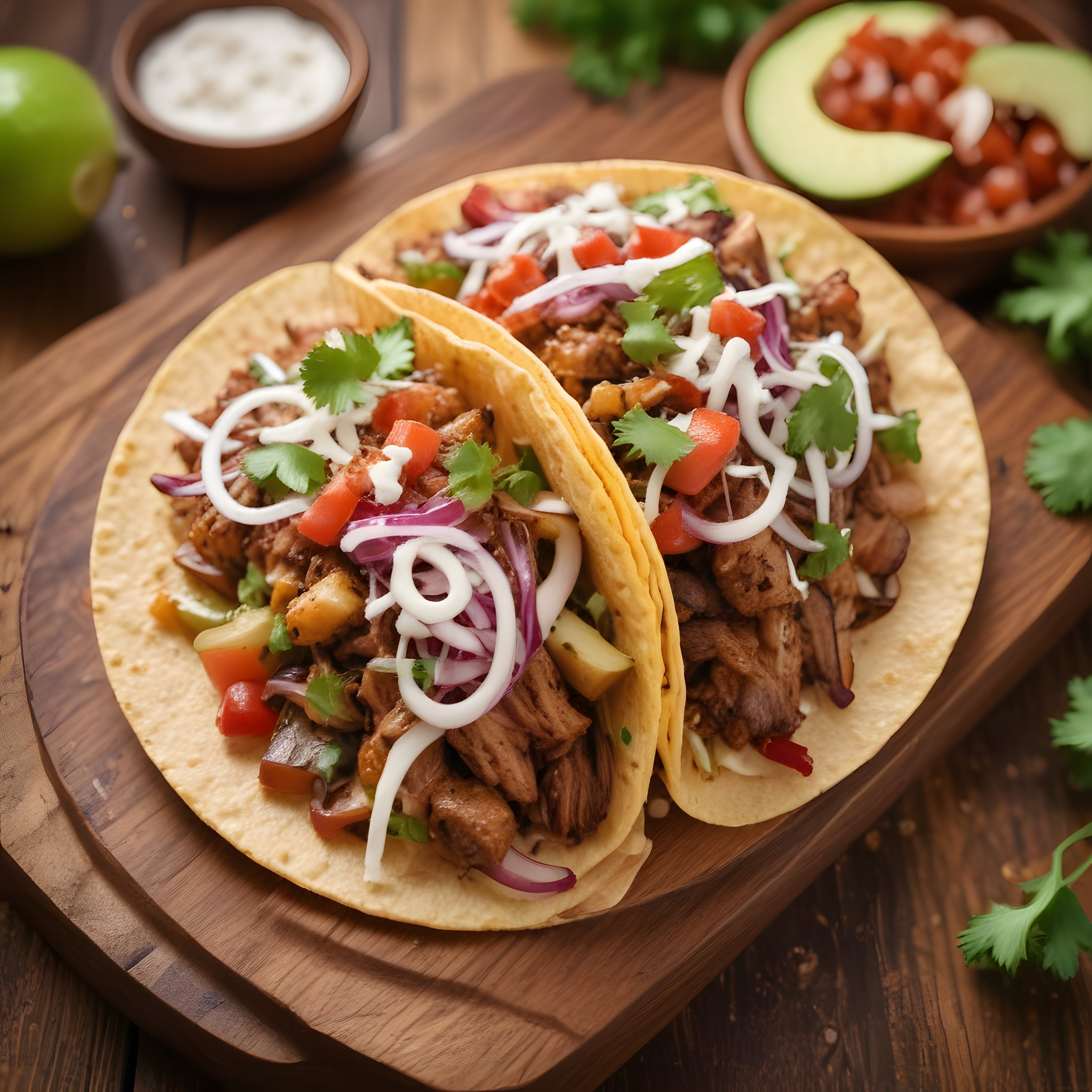 Taze Garnitürlü Meksika Tacosları ve Avokado Salsa Eşliğinde Sunum