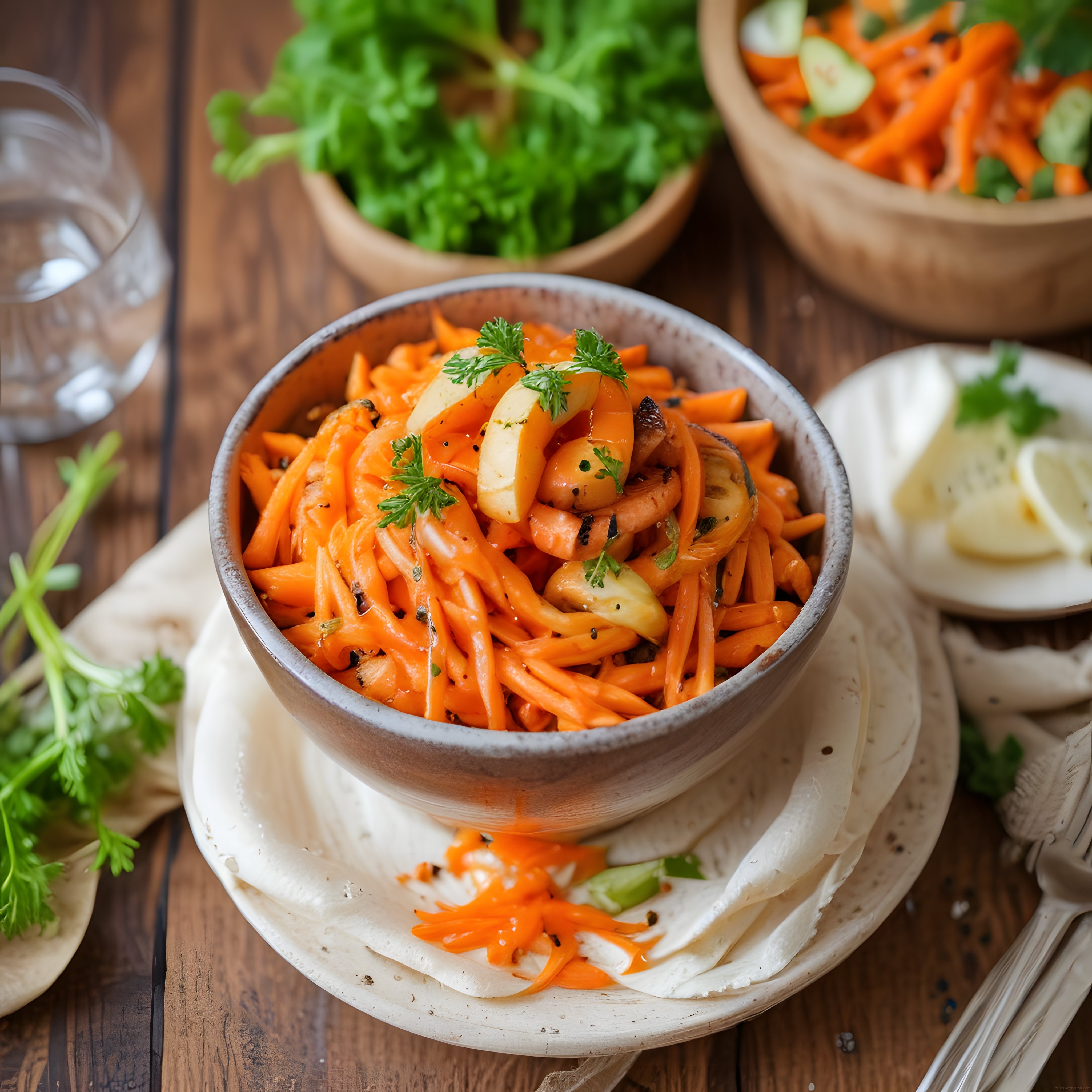 Taze Havuç Salatası ve Lavaş: Seramik Kapta Sağlıklı Vegan Meze Sunumu