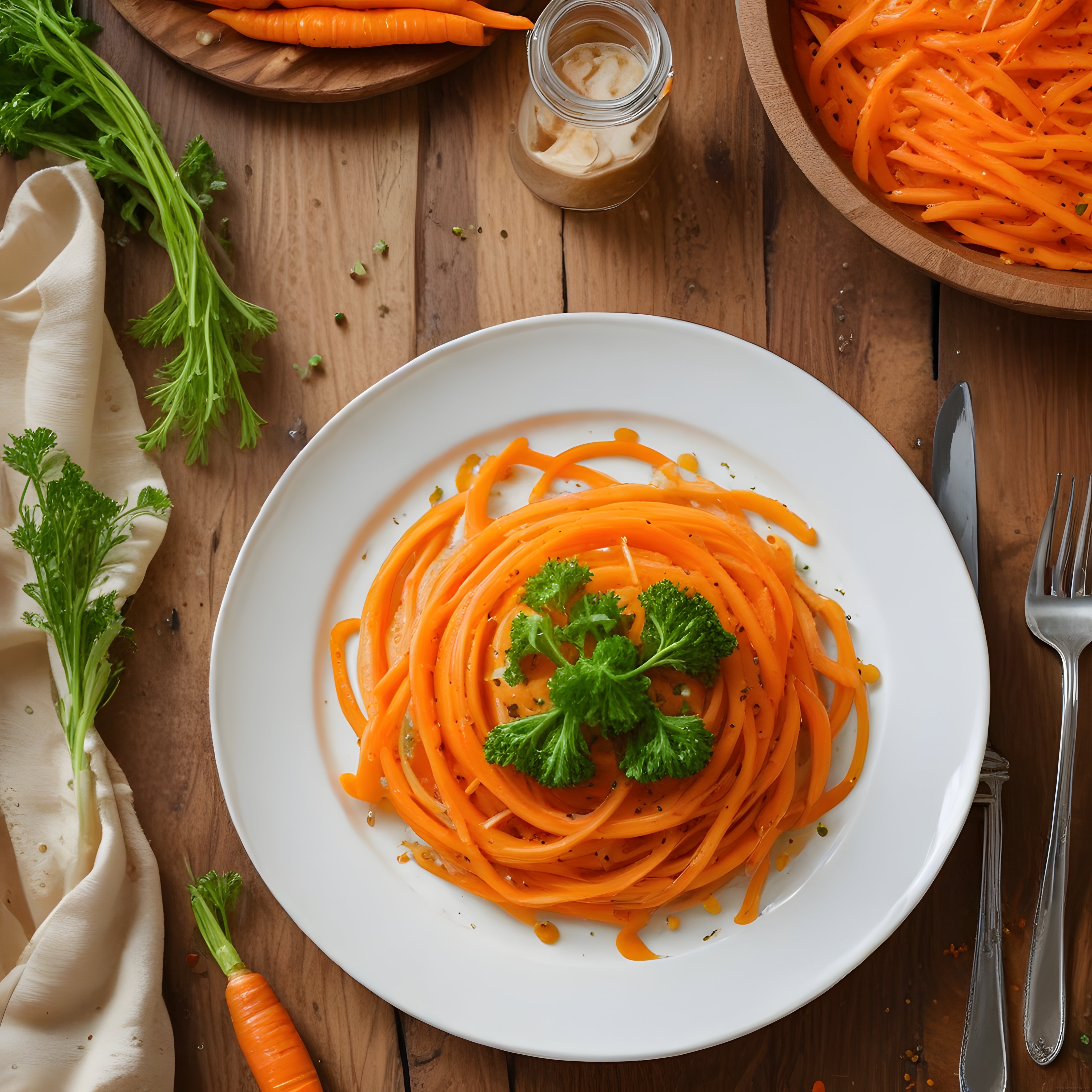 Taze Havuç Spagetti ve Maydanoz Süslemeli Sağlıklı Vegan Salata Sunumu