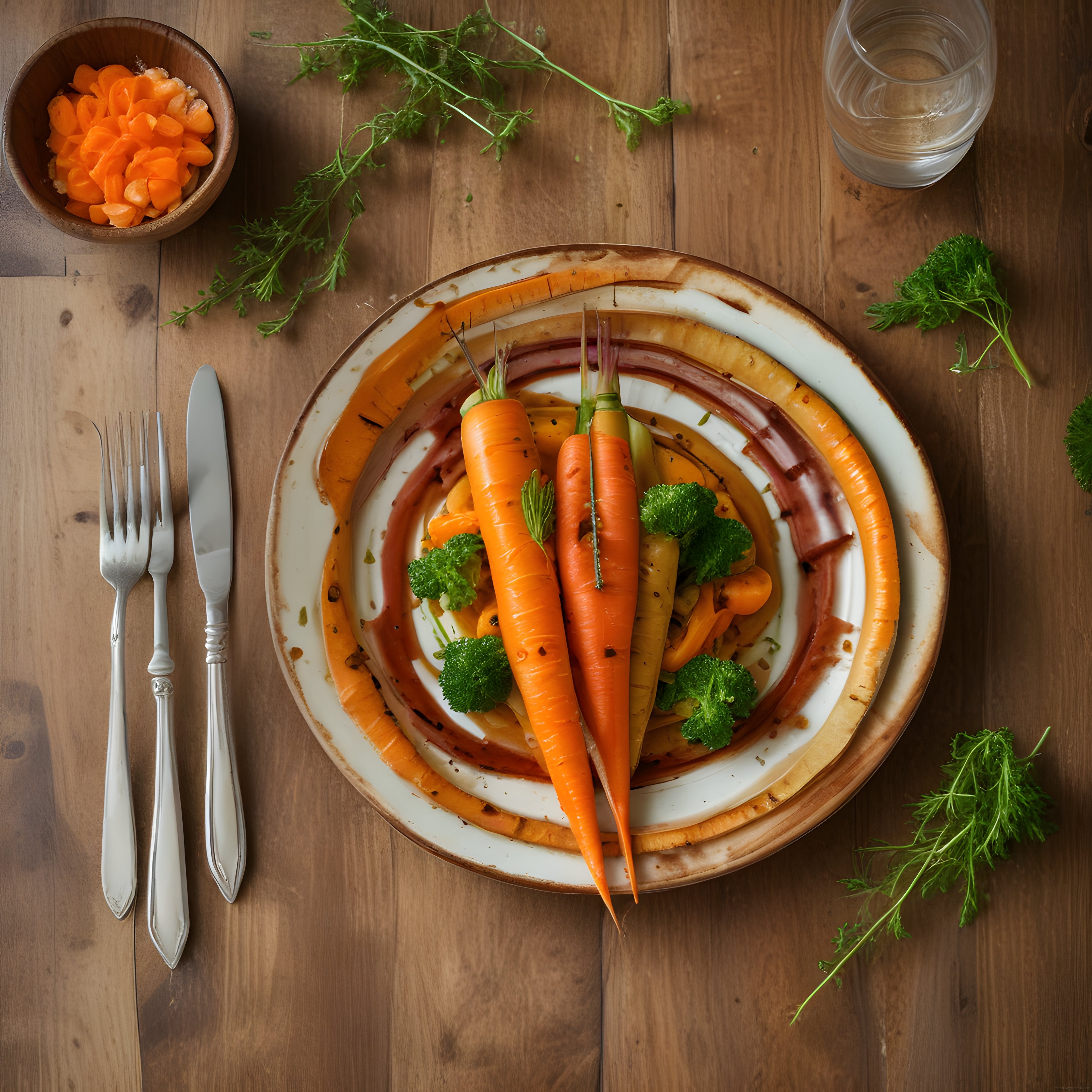 Taze havuç ve brokoli ile rustik ahşap masada sağlıklı vegan sunum