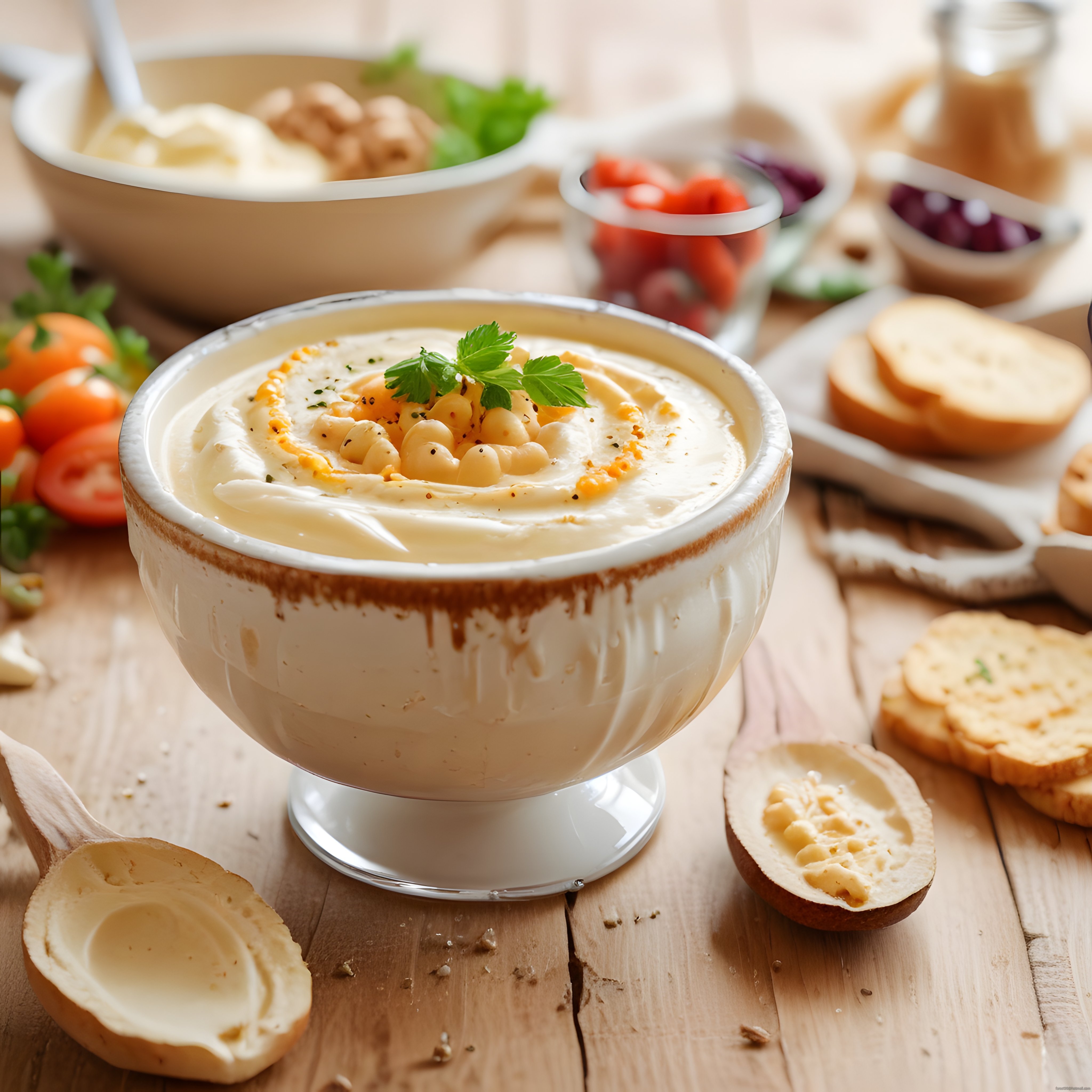 taze humus gevrek ekmek dilimleri ve renkli sebzelerle donatılmış şık bir meze sunumu