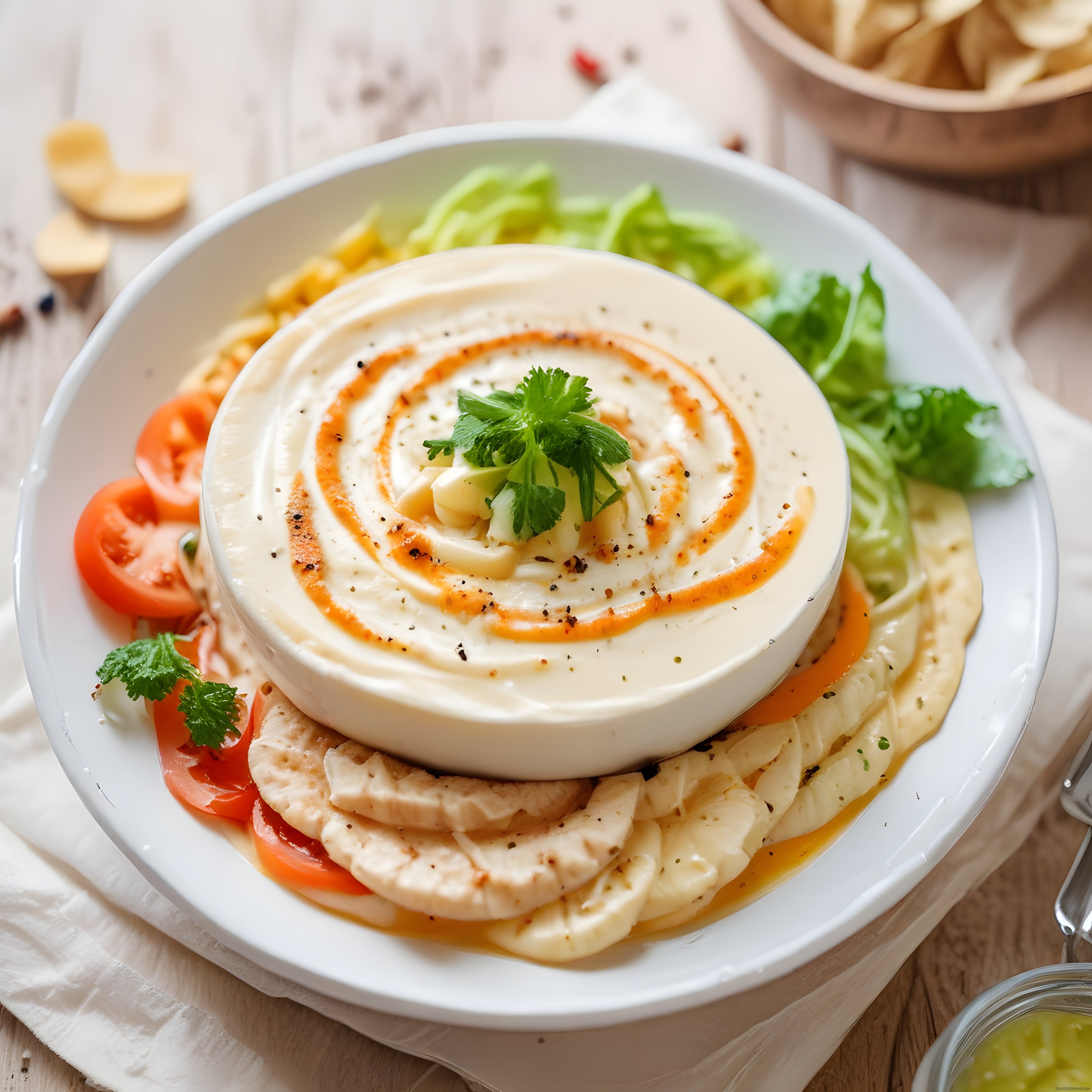 Taze Humus Kasesi ve Izgara Tavuk Dilimleriyle Sağlıklı Akdeniz Sunumu