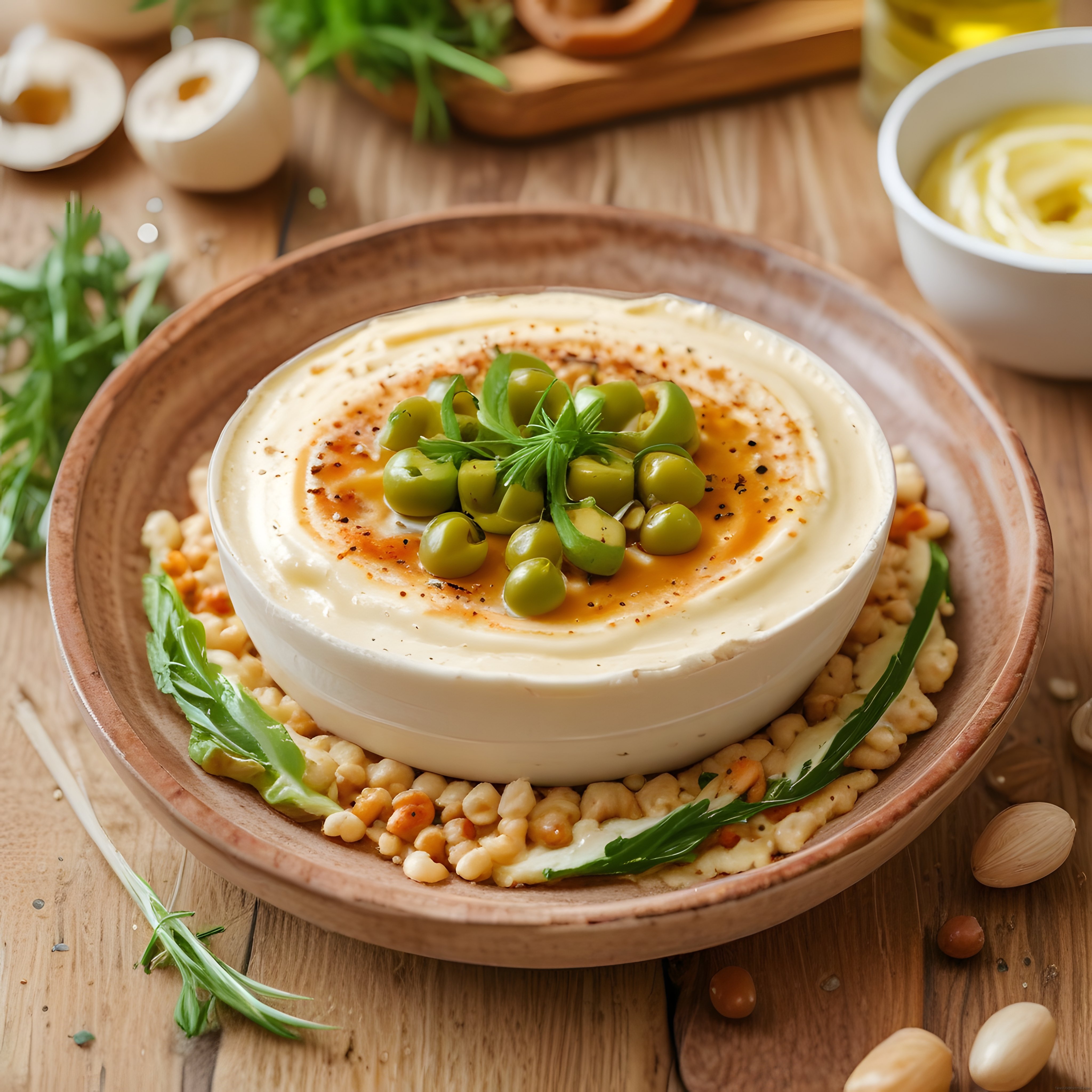Taze Humus Kasesi: Yeşil Zeytin ve Baharatlarla Süslenmiş Nohut Mezesi